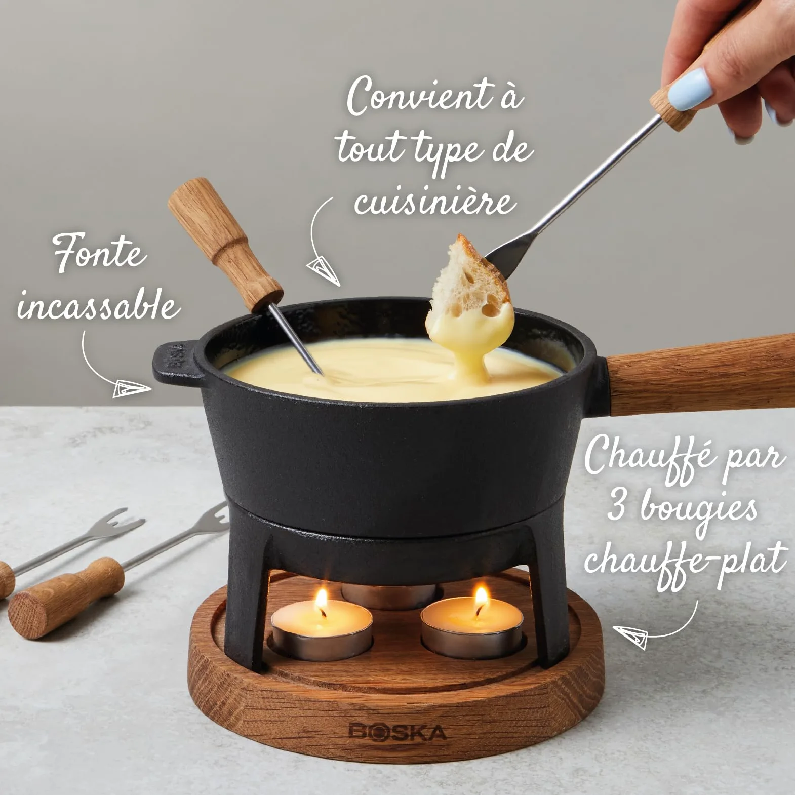 Boska Appareil à fondue Pro S - Fondue - Service à Fondue - Pour 350 gr - Fromage Fondu - inc. Fourchettes - 2 à 4 Personnes - Bois de Chêne & Acier Inoxydable - 700 ml Contenu