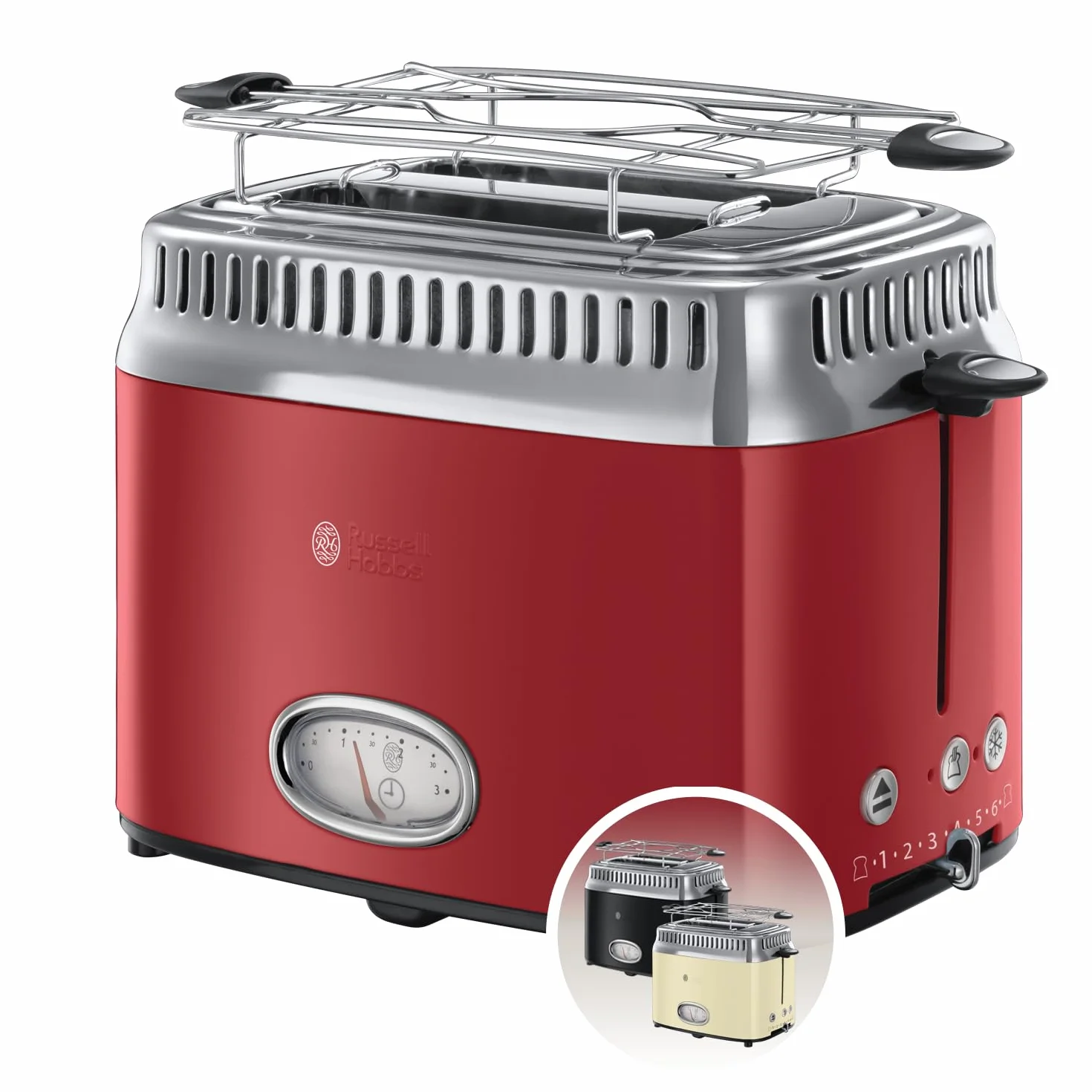 Russell Hobbs Grille Pain (Design Vintage Premium) Retro rouge (2 Tranches, 6 niveaux de brunnissage rapide, Fonction annulation, décongélation et réchauffage Viennoiserie, 1300W) Toaster 21680-56