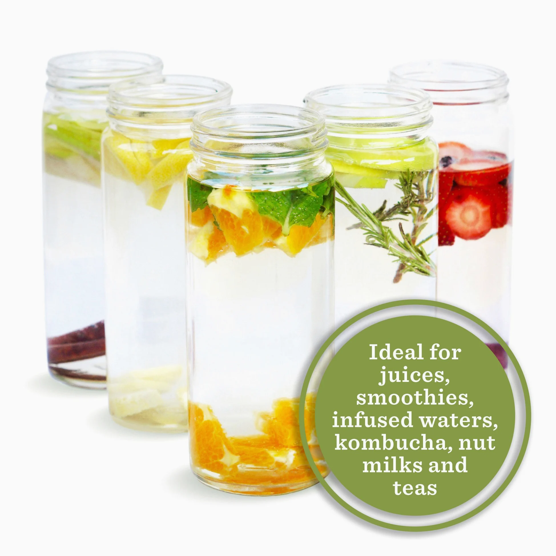 Lot de 6 bouteilles de jus en verre avec couvercles, bouchons blancs, large goulot de 6, réutilisables | Grande ouverture, pour jus de fruits, smoothies, boissons, durable, passe au lave-vaisselle