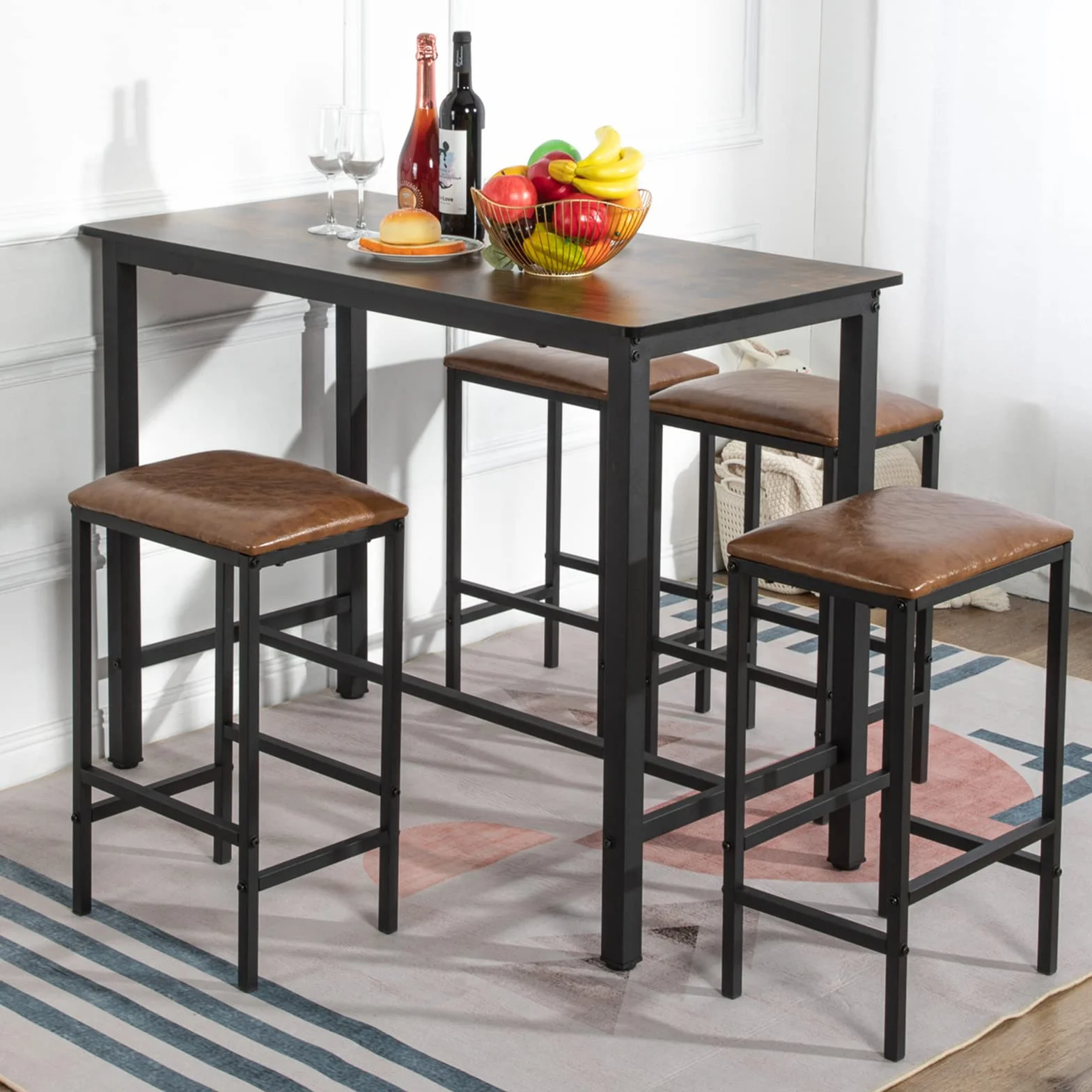 buybyroom Ensemble de 5 Tables de Salle à Manger, Table de Salle à Manger en marbre avec 4 tabourets de Bar 120x60x90.5cm Table de Bar avec Tabouret de Bar 29x39x64.5cm Table de Cuisine chaises, Noir