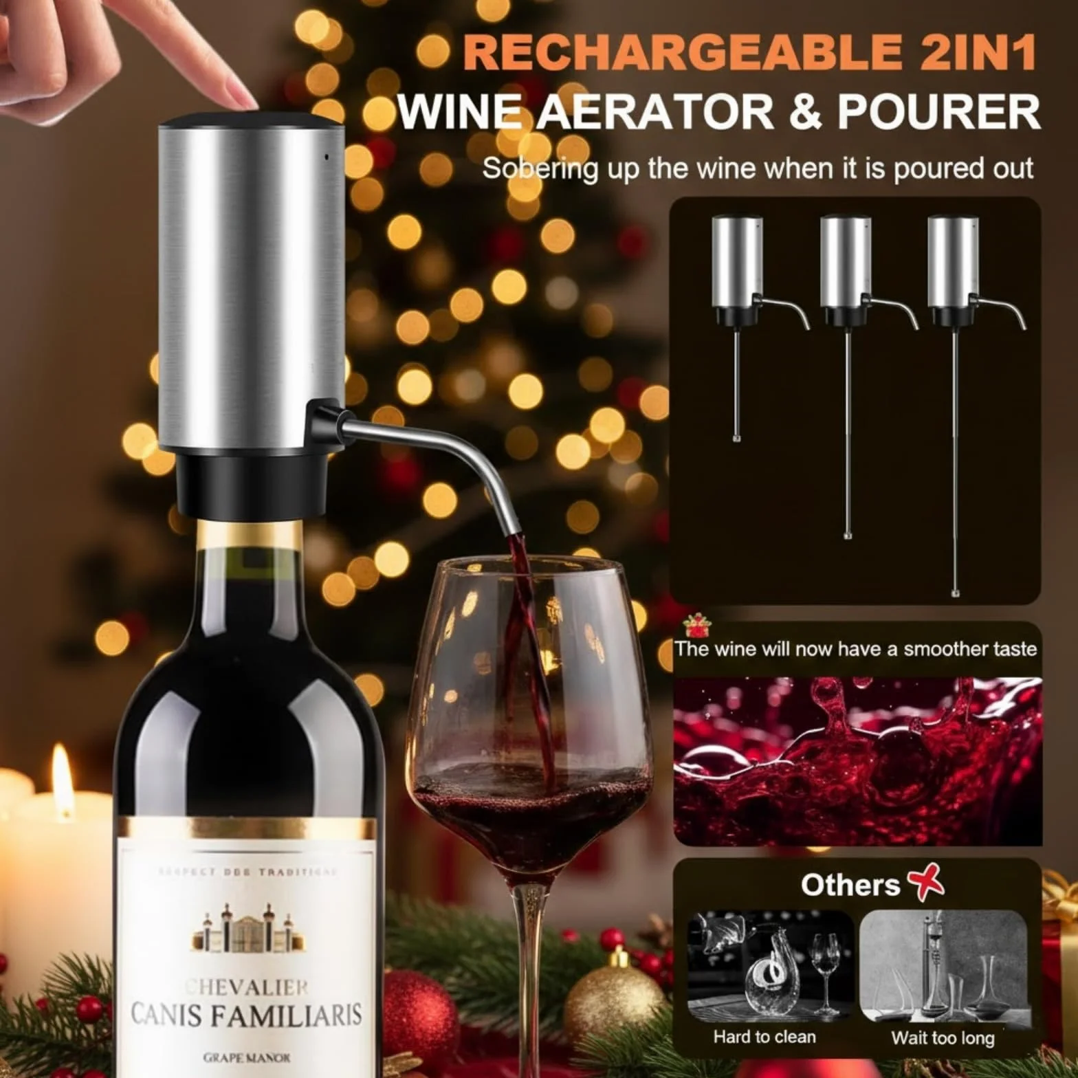Tire-Bouchon Électrique Rechargeable 4 en 1, Coffret Cadeau avec Ouvre Bouteille & Aérateur de Vin Automatique, Bouchon à Vide et Coupe-Capsule, Idée Cadeau pour Noël et Anniversaire