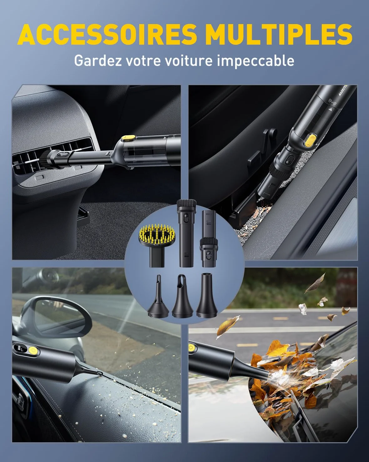 AUXITO Aspirateur a Main sans Fil - Aspirateur Voiture Puissant 24000pa,4-in-1 Mini Aspirateur de Voiture avec Outil pour Animaux, Charge Rapide USB-C,Idéal pour Voiture, Maison, Bureau, Cuisine
