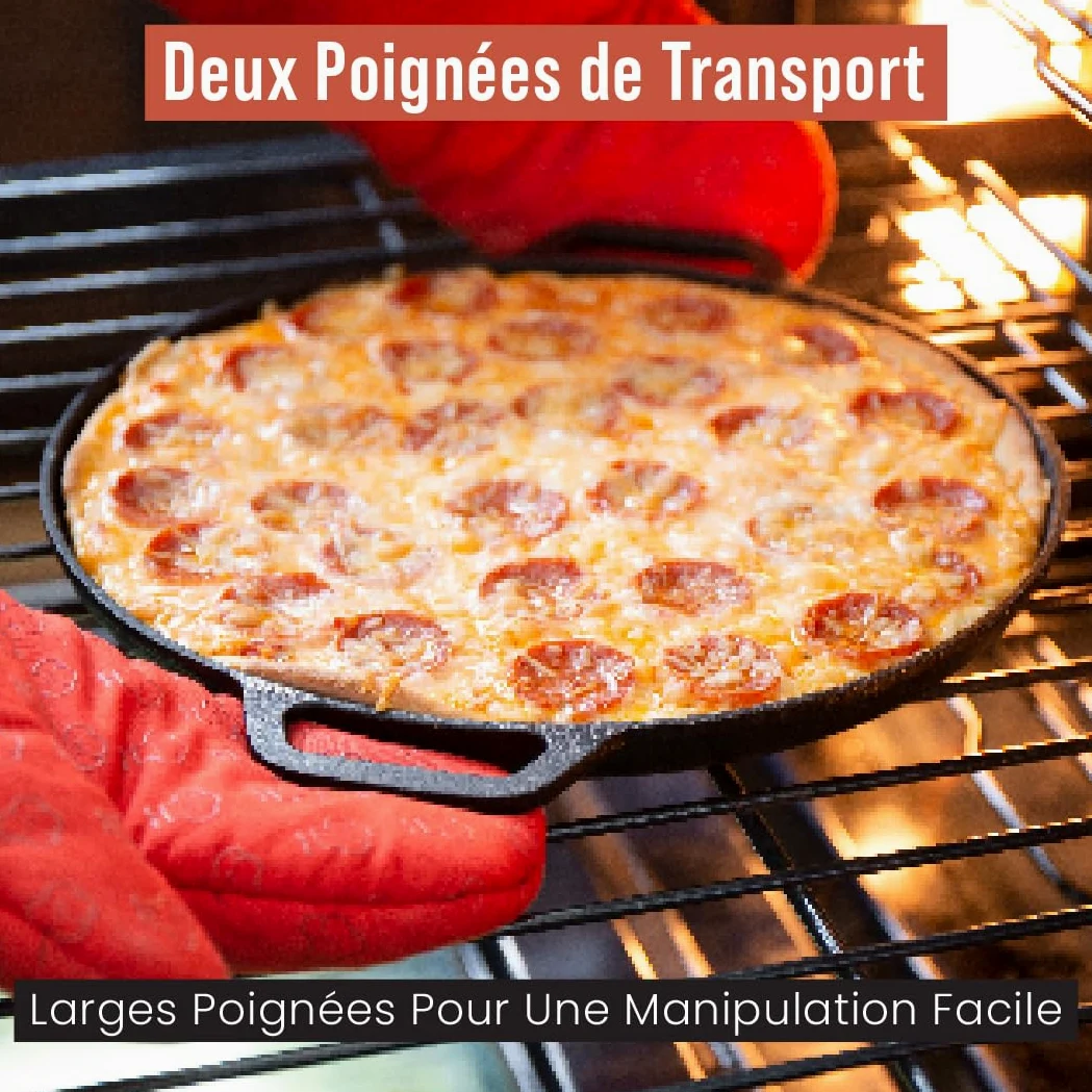 Chef Pomodoro - Plaque Pizza Four avec Poignées - Poêle En Fonte Antiadhésif pour Cuisinière, Four, Bbq, Feu de camp - Assiette a Pizza et Plaque de Cuisson pour Préparer, Griller, 30 cm