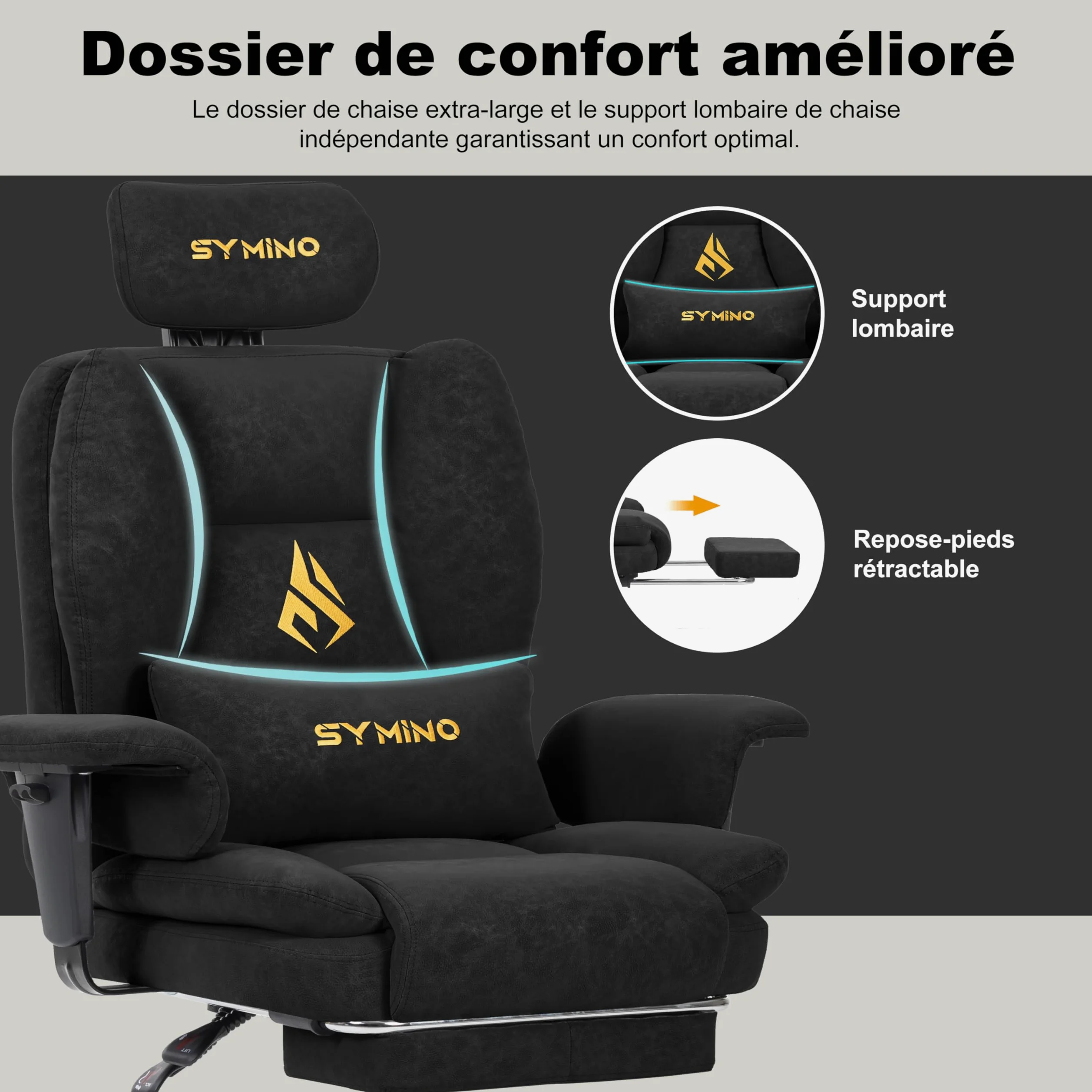 Symino Chaise Gaming Fauteuil Gaming Ergonomique - Chaise Bureau avec Repose-Pieds Réglable, PU en Cuir 130kg