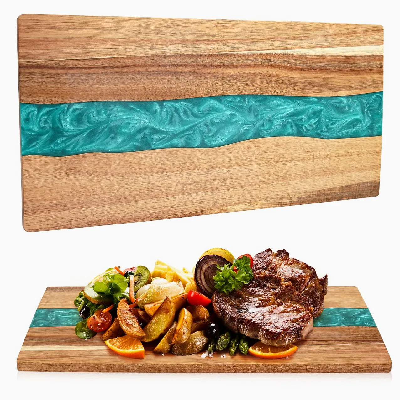 Planche à découper en bois d'acacia avec motif vague en résine – Planche à découper de cuisine pour viande, légumes, fruits et fromage – Plateau de service en bois époxy – 45,7 x 22,9 cm