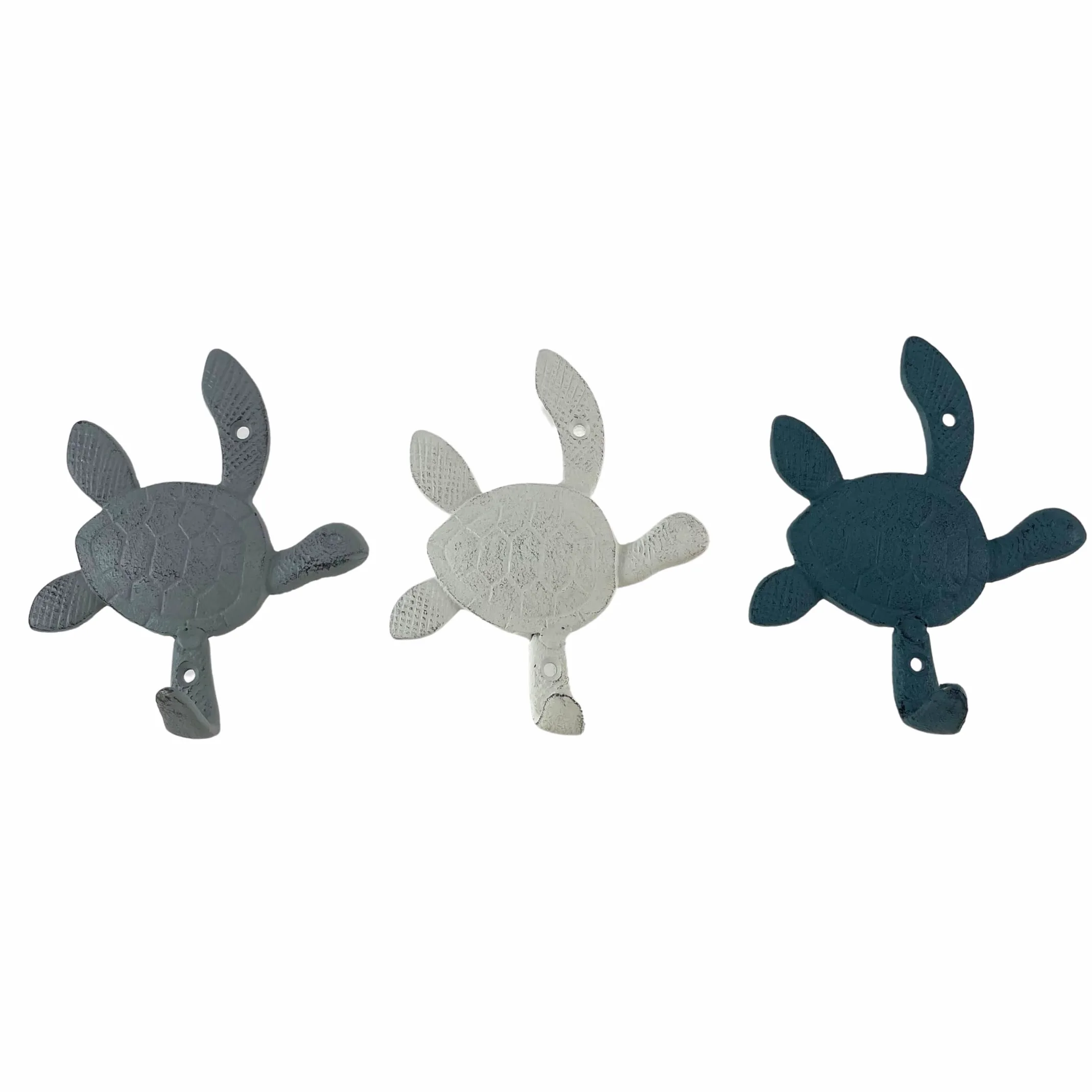 Zeckos Ensemble de crochets muraux décoratifs en fonte - Motif tortue de mer - Bleu côtier - Finition grise et blanche - Idéal pour clés, serviettes, manteaux légers, intérieur/extérieur