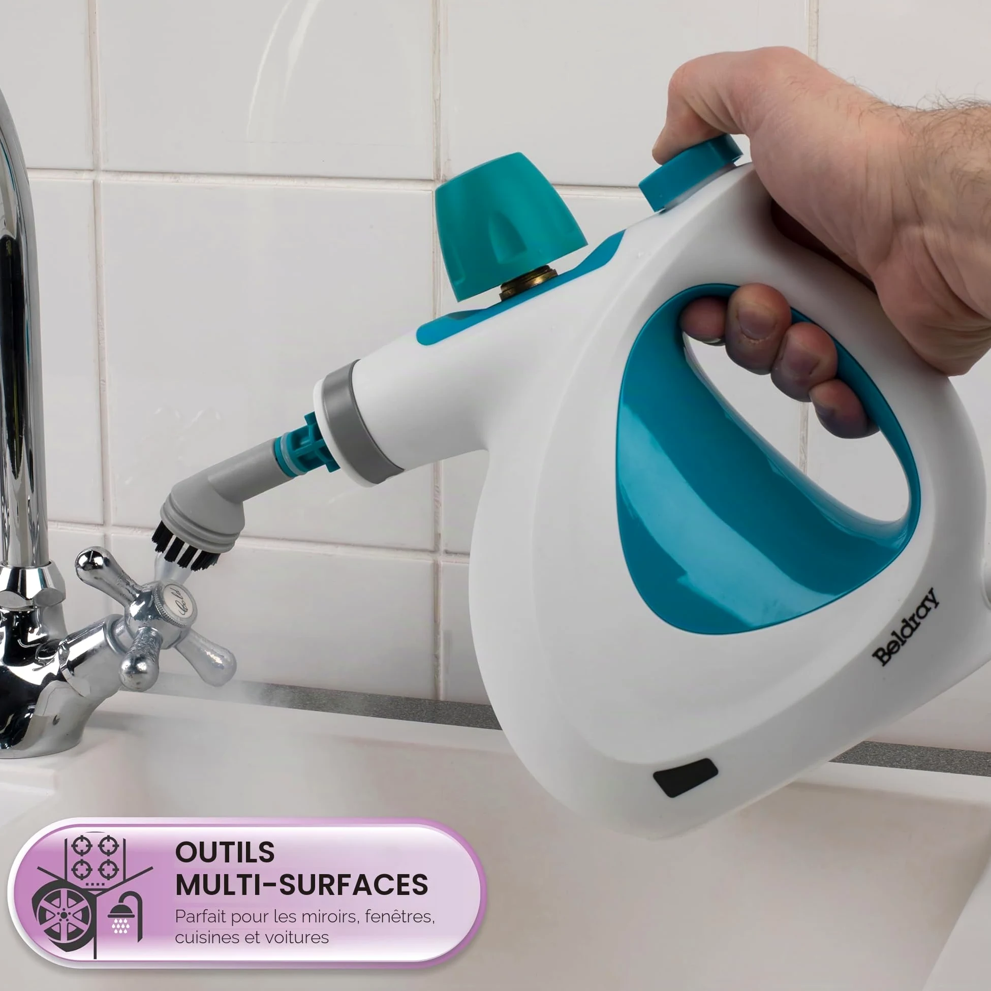 Beldray Nettoyeur Vapeur à Main 10-en-1 , Prise EU, Nettoyage et Désinfection Vapeur Multifonctionnel, Réservoir d'Eau de 250ml, Accessoires Nettoyage pour Rideaux, Salle de Bain, Cuisine etc, 1000W