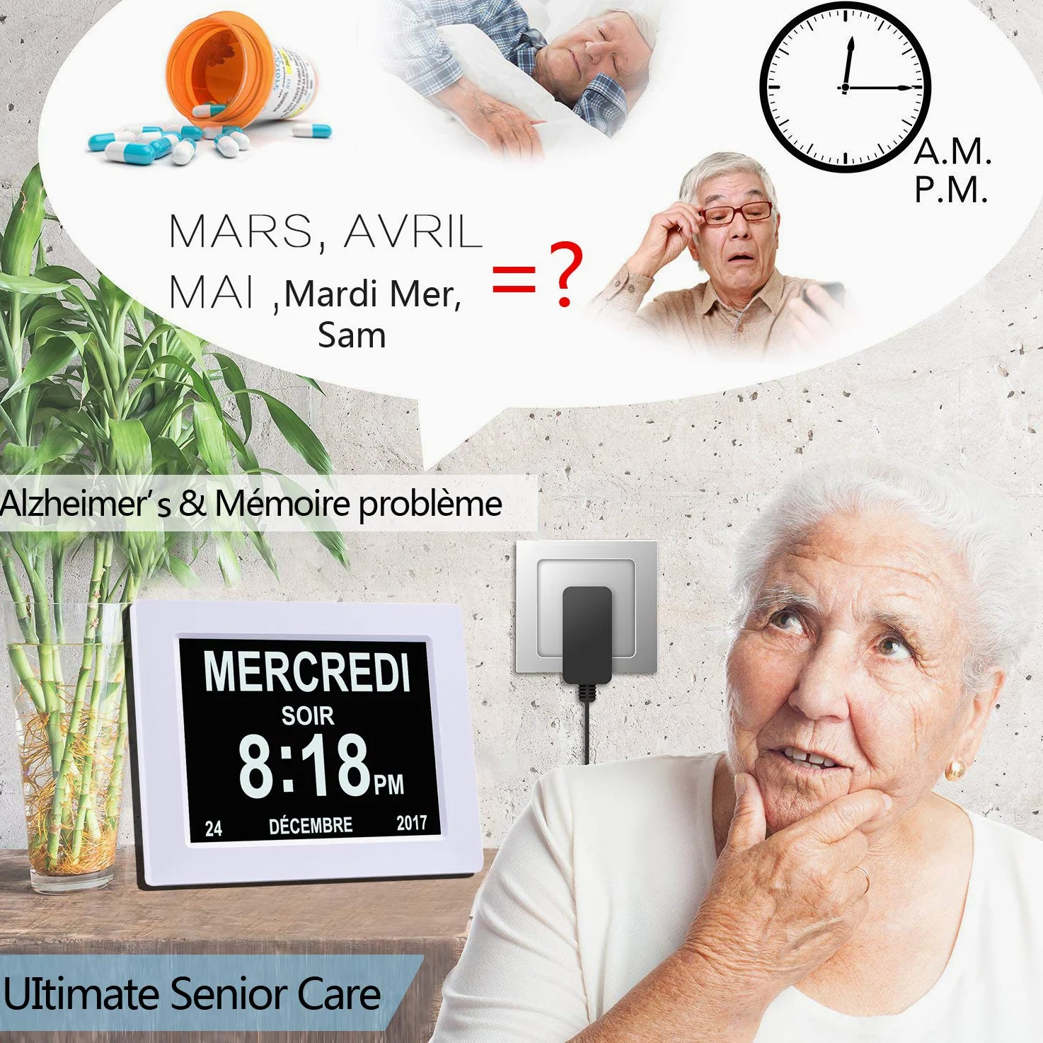 SINOIDEAS 8" Pouce LCD Horloge Numérique Calendrier avec Date Jour Et Heure Non-Abrégée Auto Dimming 8 Langues HD Display Rappel pour Alzheimer Les Personnes âgées et Les Enfants