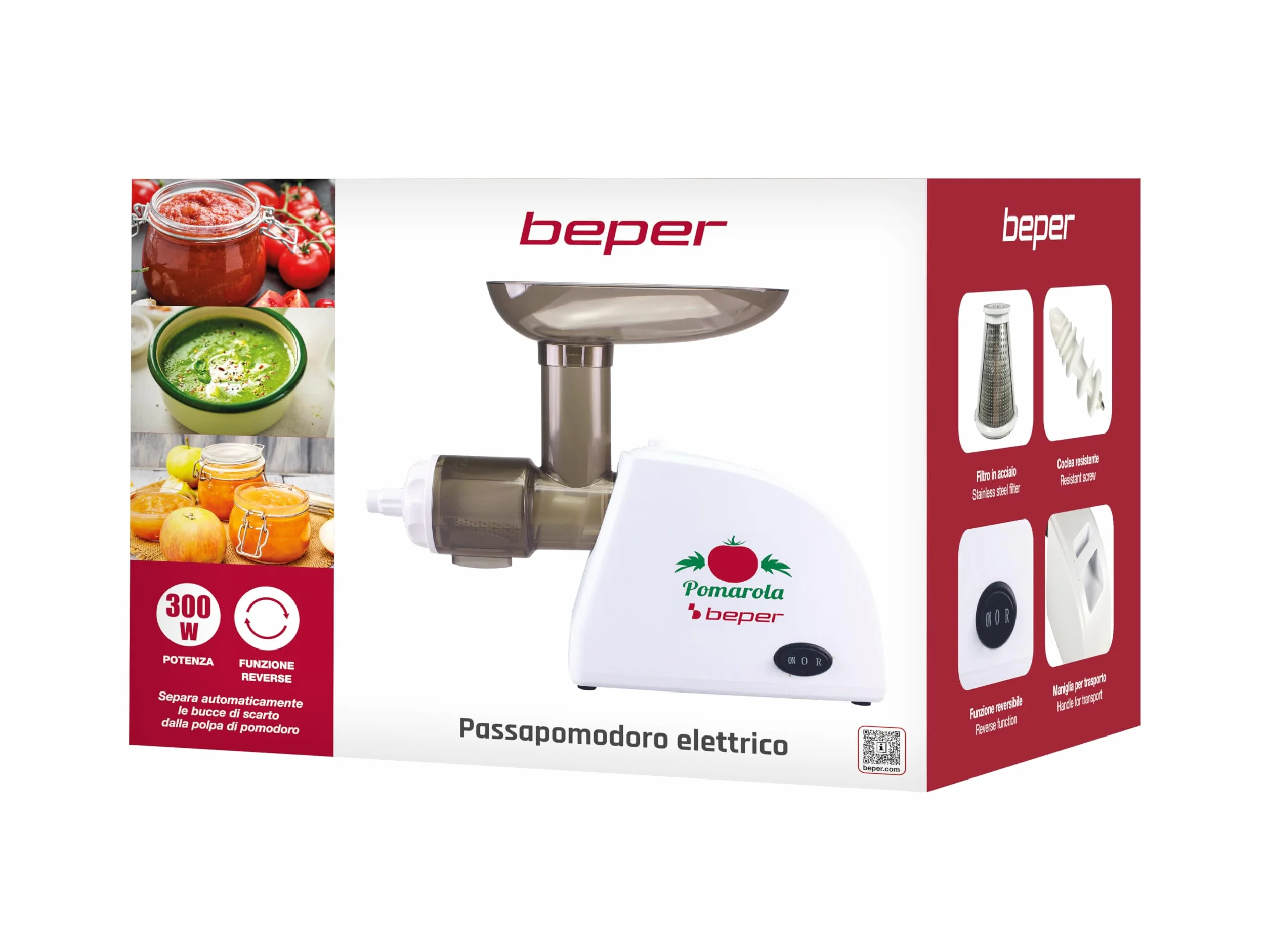 BEPER BP.720 Presse Tomates Electrique et Filtre, Blanc, 300 W