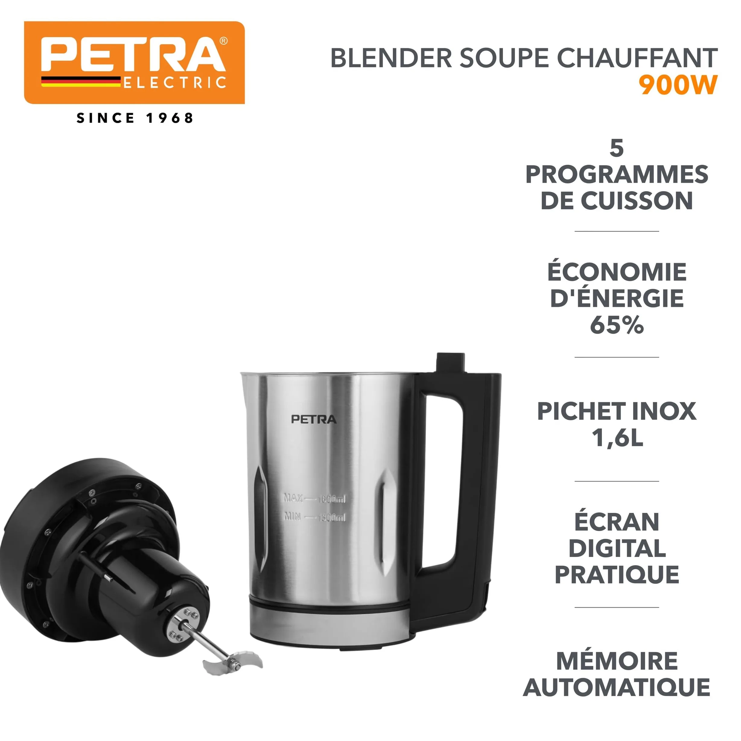 Petra Blender Chauffant Soupe et Mixeur 900W, Machine à Soupe 1.6L, Mixeur Soupe 5 Programmes avec Écran Digital, Soupe Maker Automatique avec Maintien au Chaud, Argent/Noir