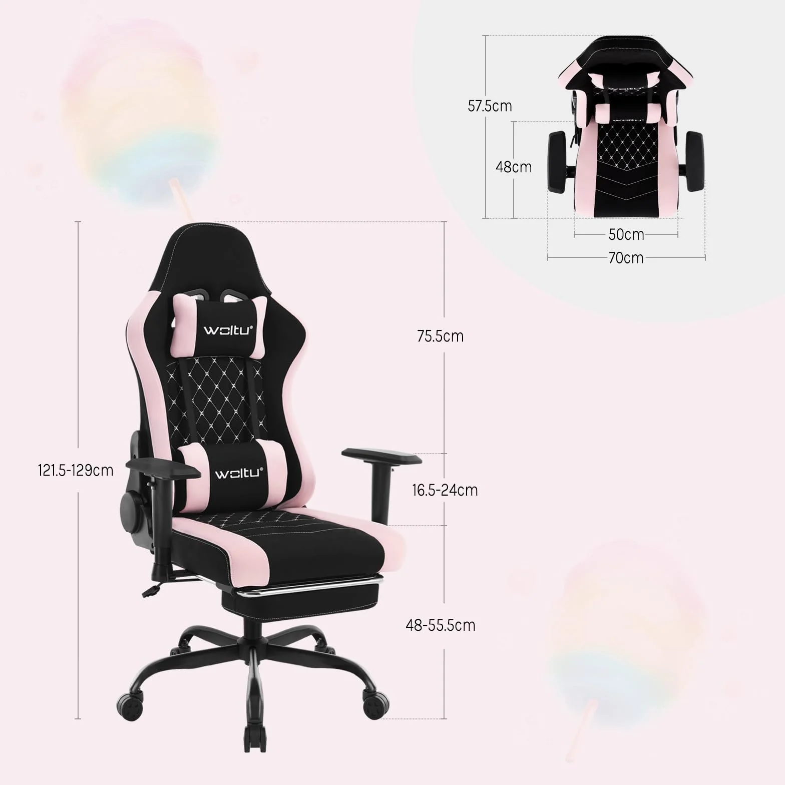 WOLTU Chaise Gaming, Chaise Bureau Massante, Fauteuil Ergonomique avec Coussin Lombaire Massant, Siège Large à Ressorts, Appui-tête, Repose-Pieds, Tissu Maille, Charge 150kg, Noir+Rose