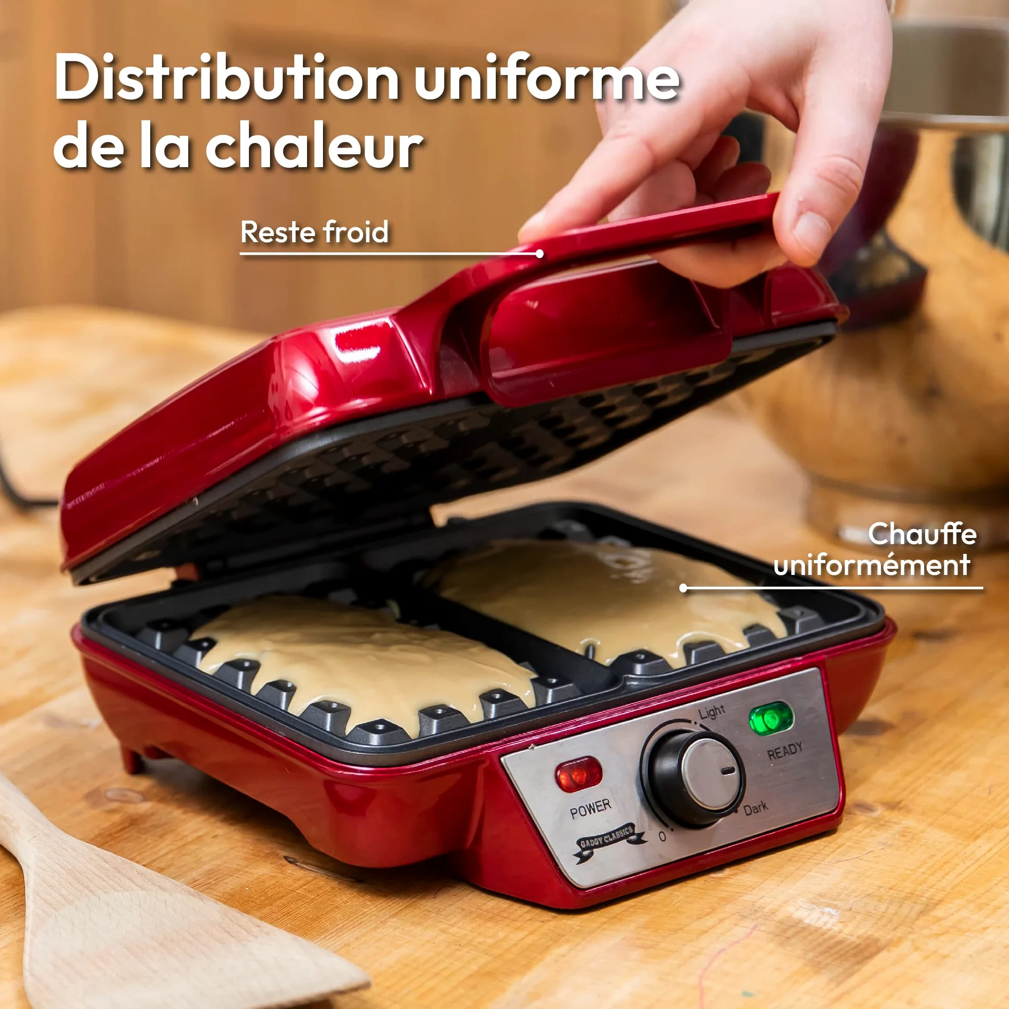 Gadgy® Gaufrier Belge 1000W – Appareil à Gaufres Antiadhésif 23x16,8 cm – Température Réglable, Indicateur LED, Poignée Isolée – Idéal pour Desserts et Fêtes
