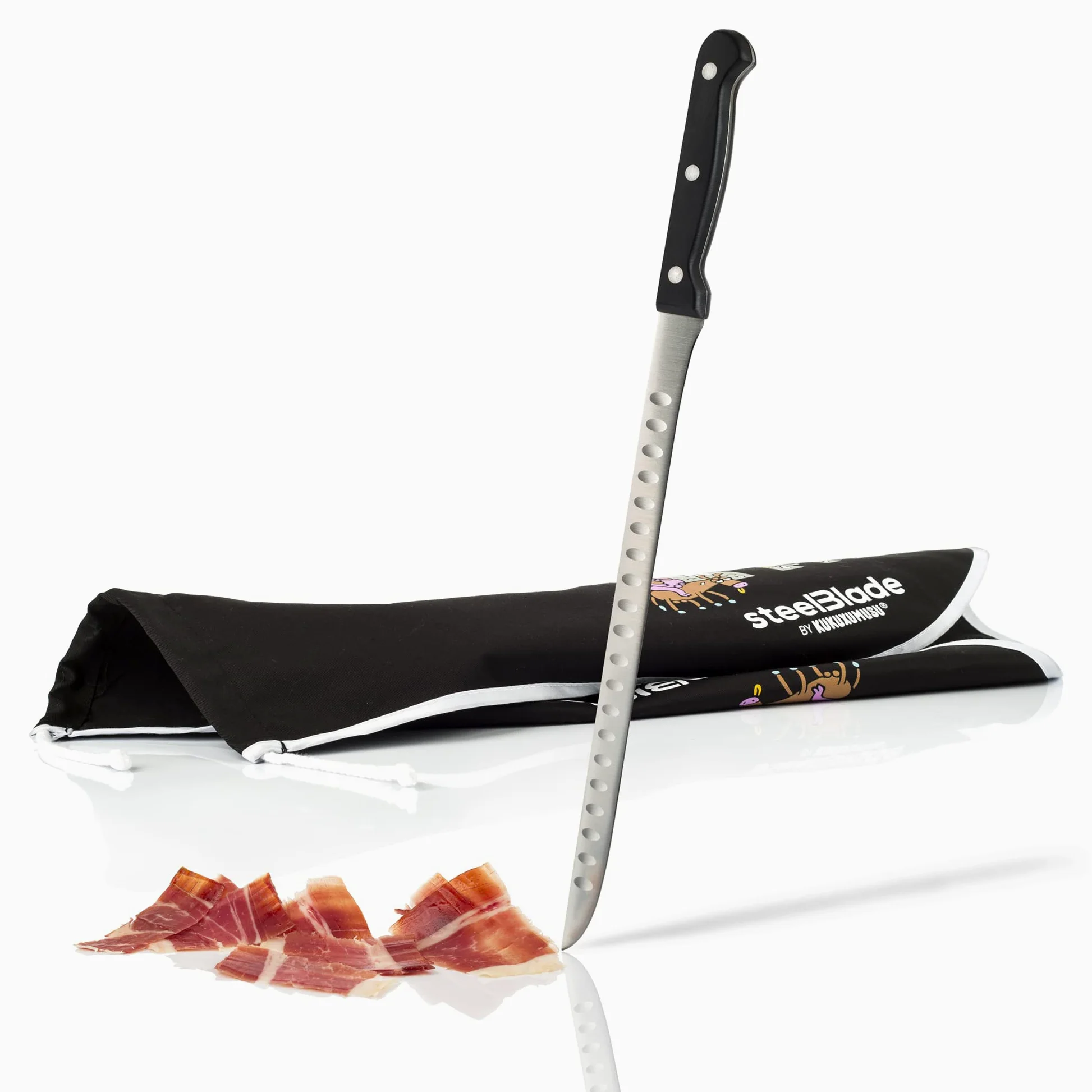 Support à jambon rotatif à 360° en bois laqué + couvre-jambon Kukuxumusu + couteau à jambon 28 cm - Fabriqué en Espagne - 2 positions pour jambon et palettes (011132)