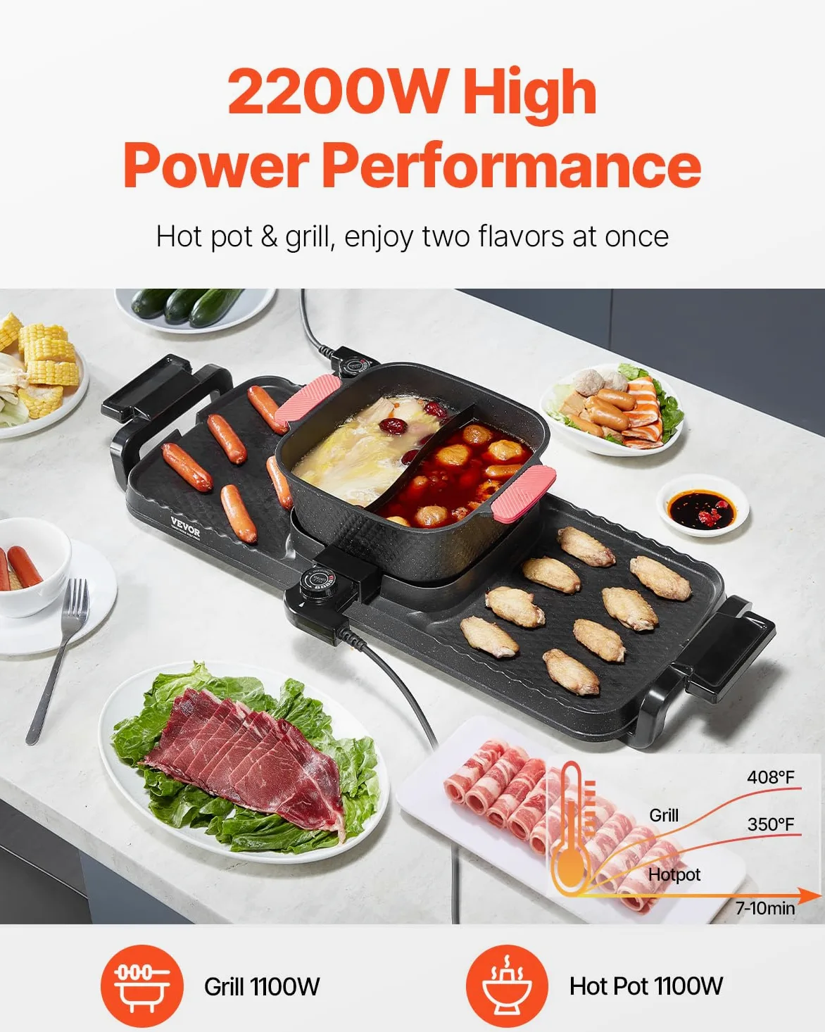 VEVOR Appareil à Fondue Chinoise Shabu Shabu avec Gril 2-en-1, Grill Électrique sans Fumée 2300 W, avec Marmite Amovible Antiadhésive, Double Contrôle de Température Séparé, Dîner en Famille