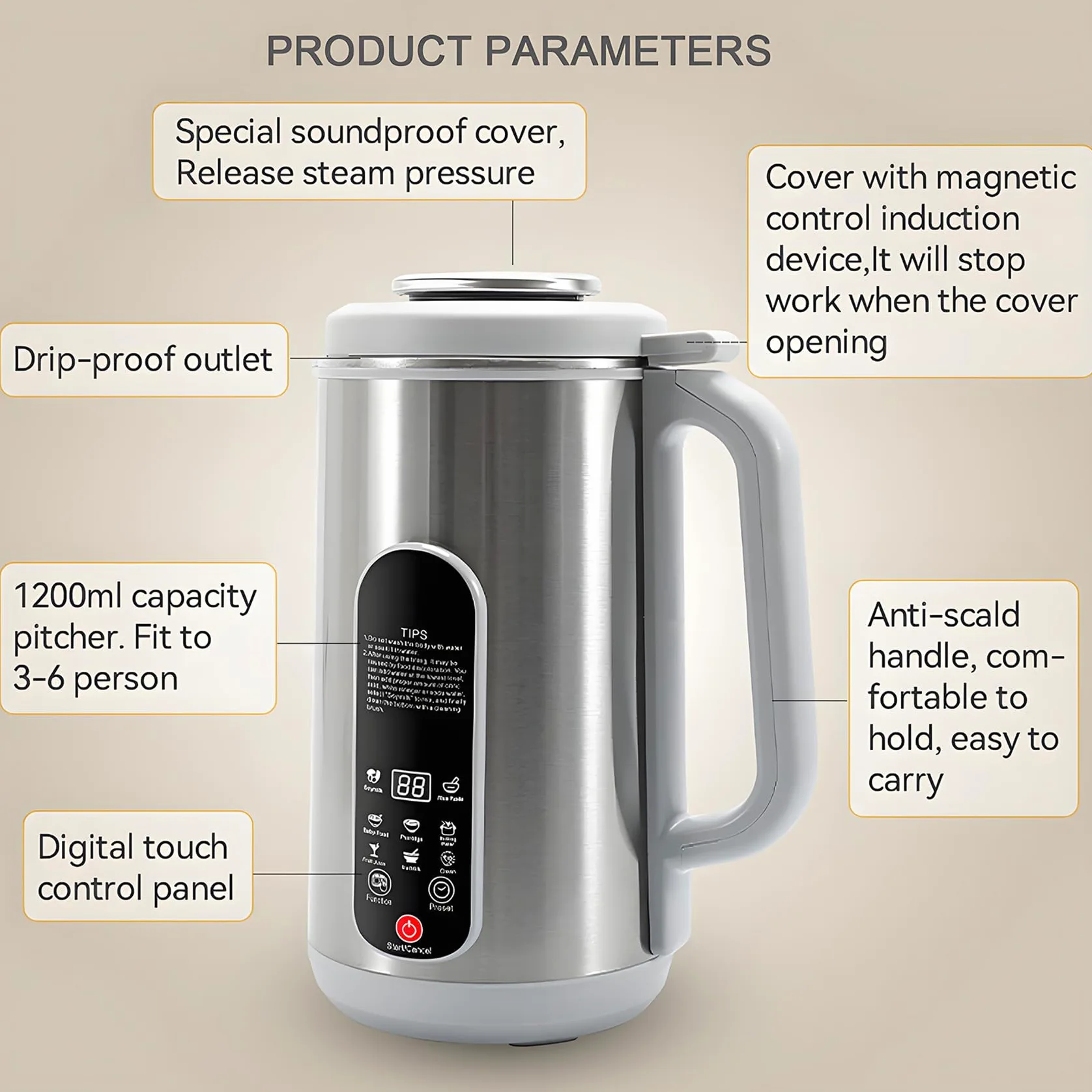 Nut Milk Maker en Acier Inoxydable, Une Machine à Lait De Soja De 1,2 L avec Un Coupeur à 12 Lames, Une Minuterie 24h Et Une Affichage à LED Au Chaud, Un Lait à Base De Plantes avec des Amandes