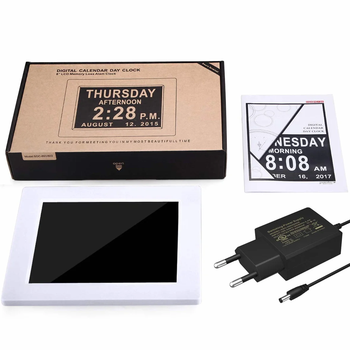 SINOIDEAS 8" Pouce LCD Horloge Numérique Calendrier avec Date Jour Et Heure Non-Abrégée Auto Dimming 8 Langues HD Display Rappel pour Alzheimer Les Personnes âgées et Les Enfants