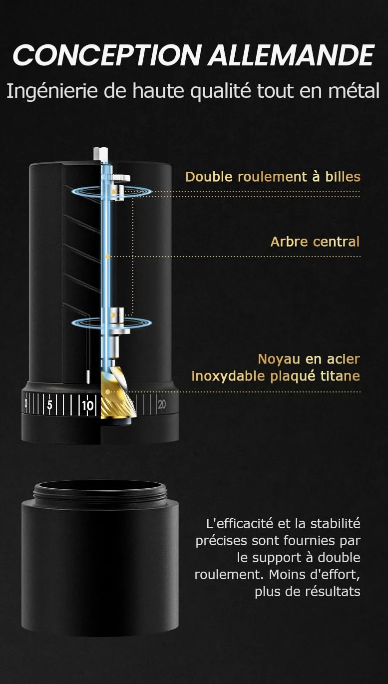 Vevok Chef Moulin à café manuel O20 – 20 niveaux de réglage externe, capacité de 35 g avec étui de voyage et équipement de nettoyage, broyage constant en acier inoxydable tii-plaqué moulin à café