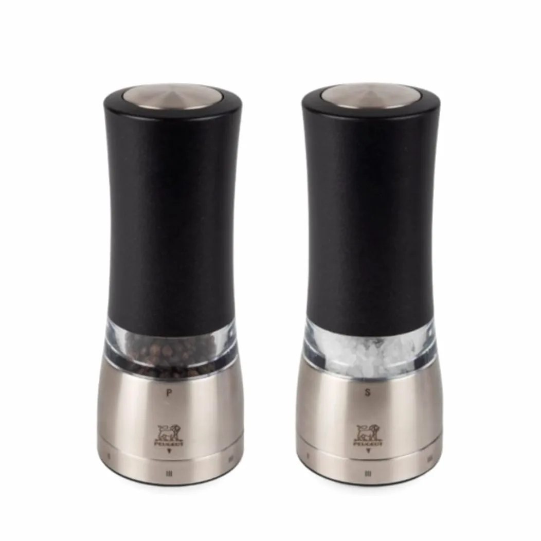 PEUGEOT - Duo Moulin à Poivre + Moulin à Sel Électriques Daman u'Select 16 cm - 6 Réglages De Moutures - Innovation Sel Glace, Mécanisme Zirlion - En Inox, Finition Noire Irisée - Designé En France