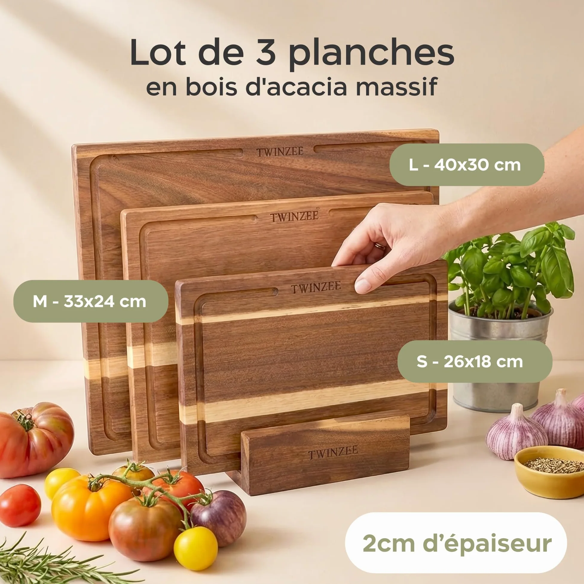 Twinzee 3 Planche a Decouper (40 x 30/33 x 24/26 x 18 cm) en Acacia Massif - Planche a Decouper Bois avec Support, 2cm d'Epaisseur, avec Rainure a Jus