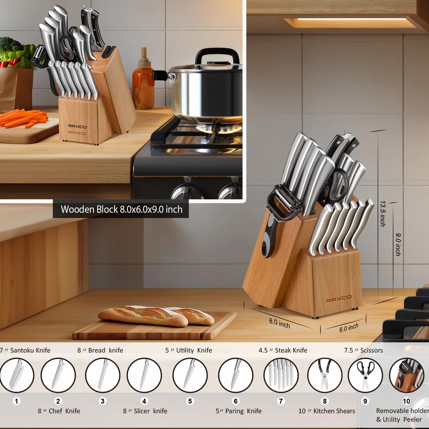 RAXCO Bloc à couteaux, Set de 18 couteaux de cuisine en acier inoxydable - Set de couteaux à steak, Sets de couteaux de cuisine professionnels avec bloc et aiguiseur (Oak)