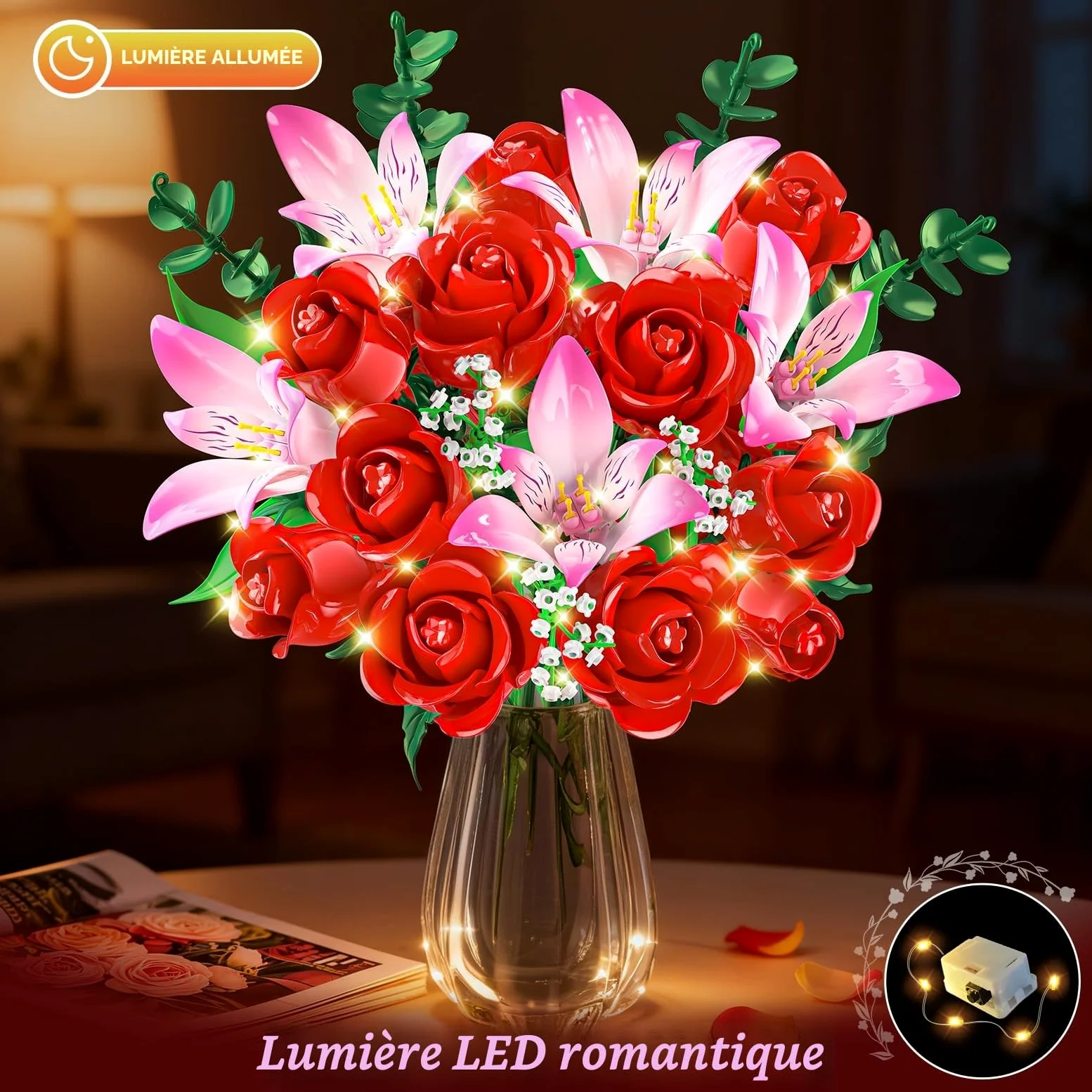 CUBIMANA Kit de Bouquet Fleurs avec LED - Roses Rouges et alstroemères Roses, Collection botanique 22 Fleurs artificielles, décoration Plante intérieure, Cadeau pour Femmes/Adultes