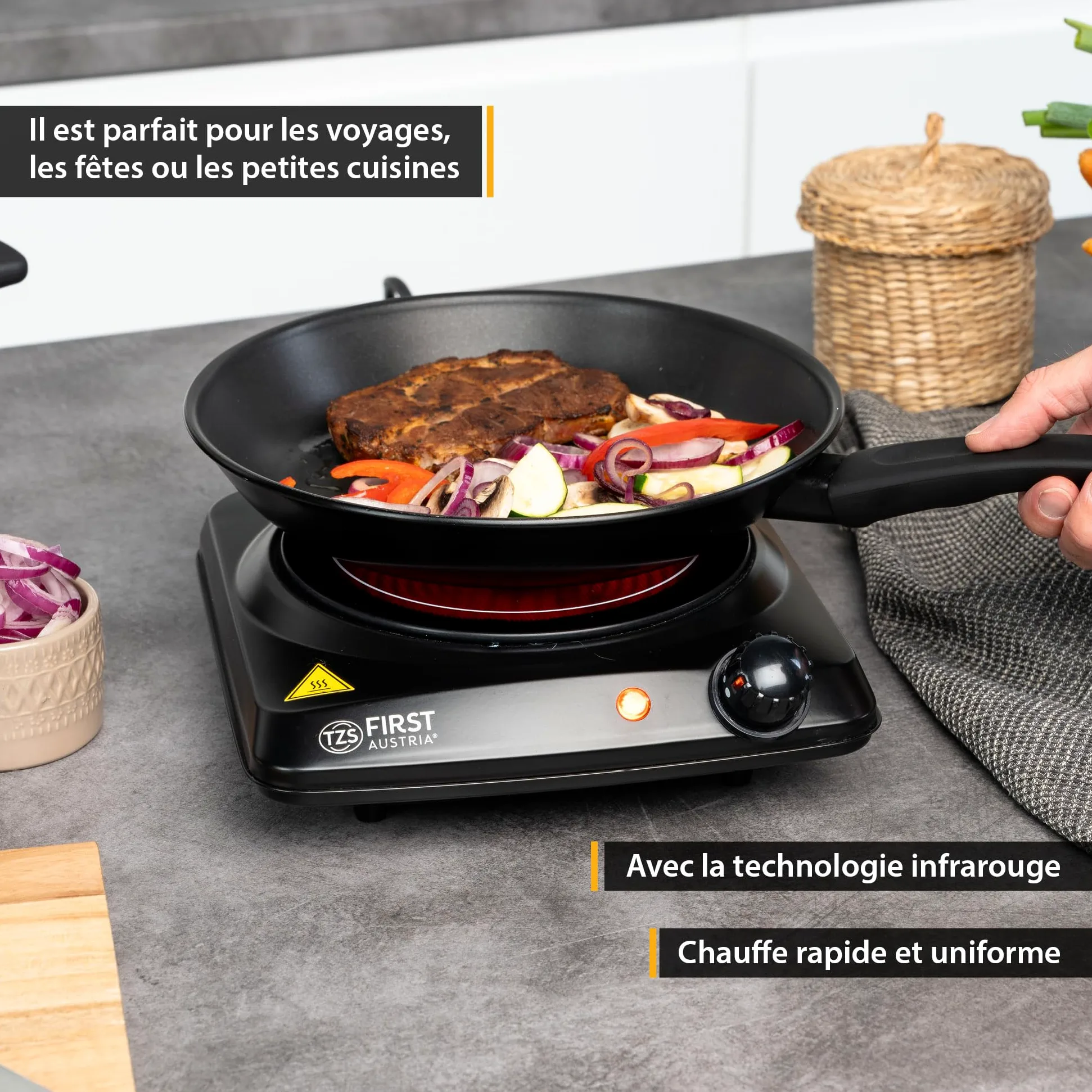 TZS First Austria - Plaque infrarouge 1200W - Ø 175 mm - Réchaud portable avec protection antisurchauffe & thermostat réglable - Plaque vitrocéramique pour tous types de casseroles