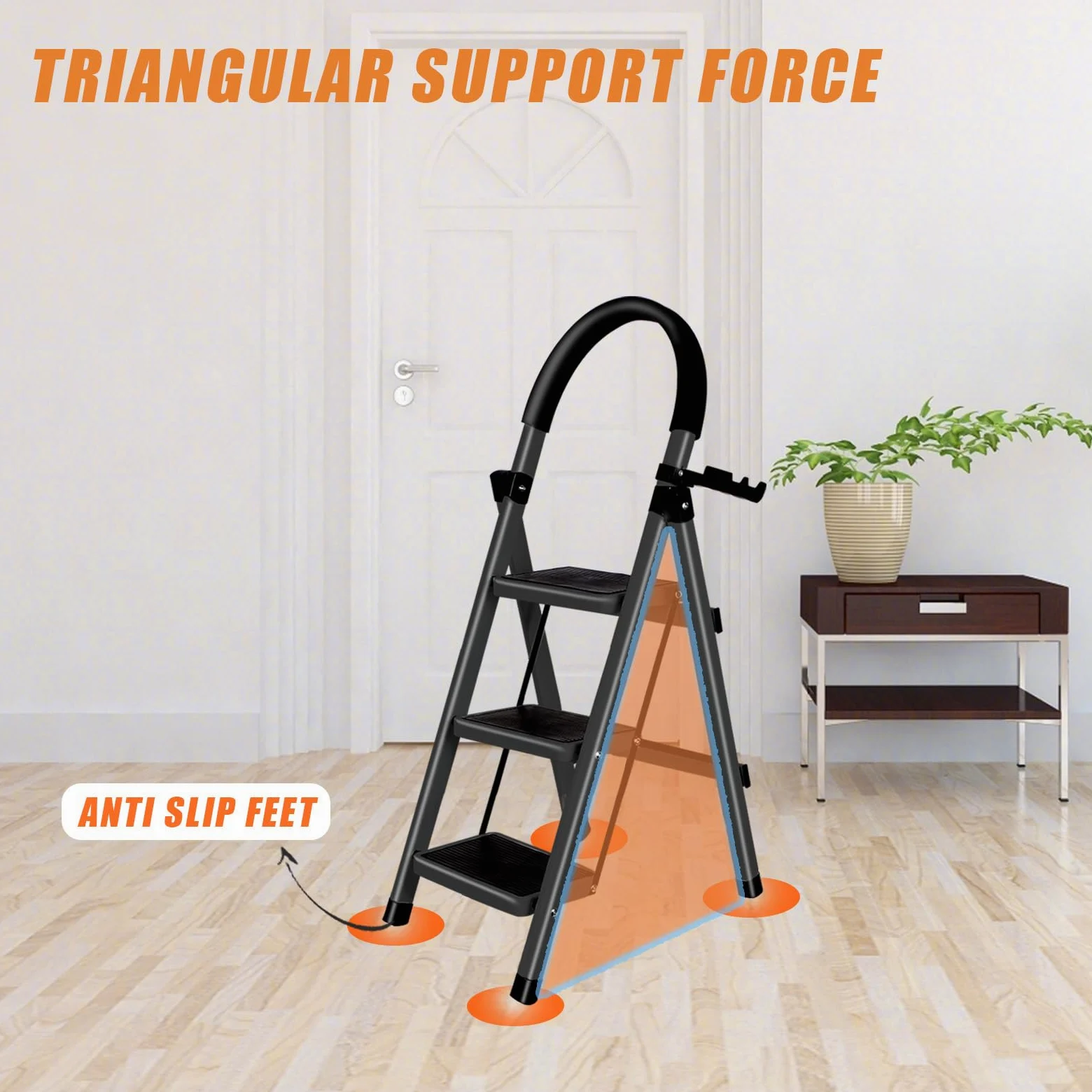 OHMG Escabeau 3 Marches avec Plateforme de Travail, Charge 150 kg Escabeau Pliable, Larges Marche Pied Pliable Antidérapantes, Tabouret en Acier Marche Pied Adulte,Charge 180 kg