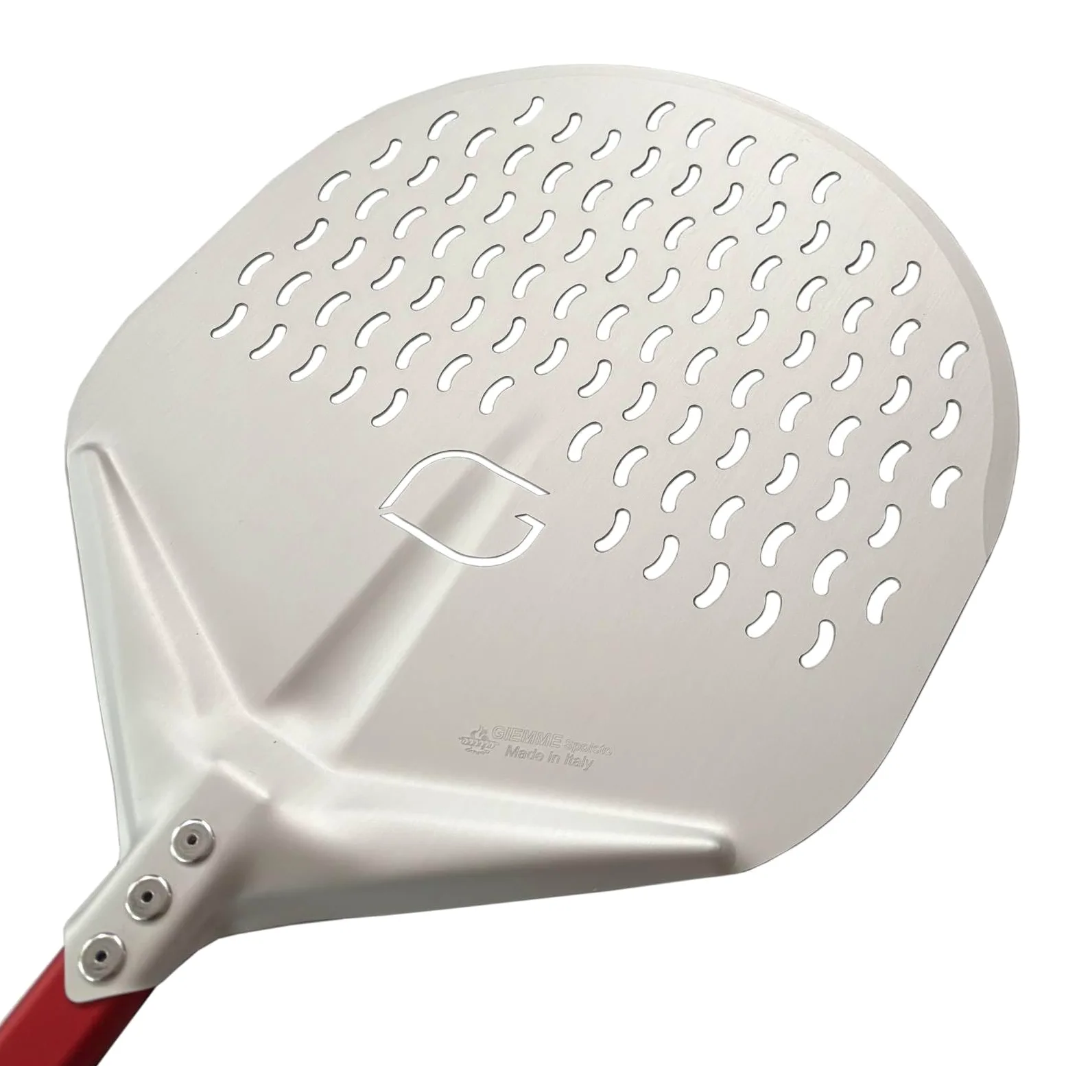 GIEMME Pelle à pizza perforée en aluminium, Professionnel, Anodisée, Forme ronde, Plat perforé (Pelle : Ø 33 cm, Longueur du manche : 120 cm)