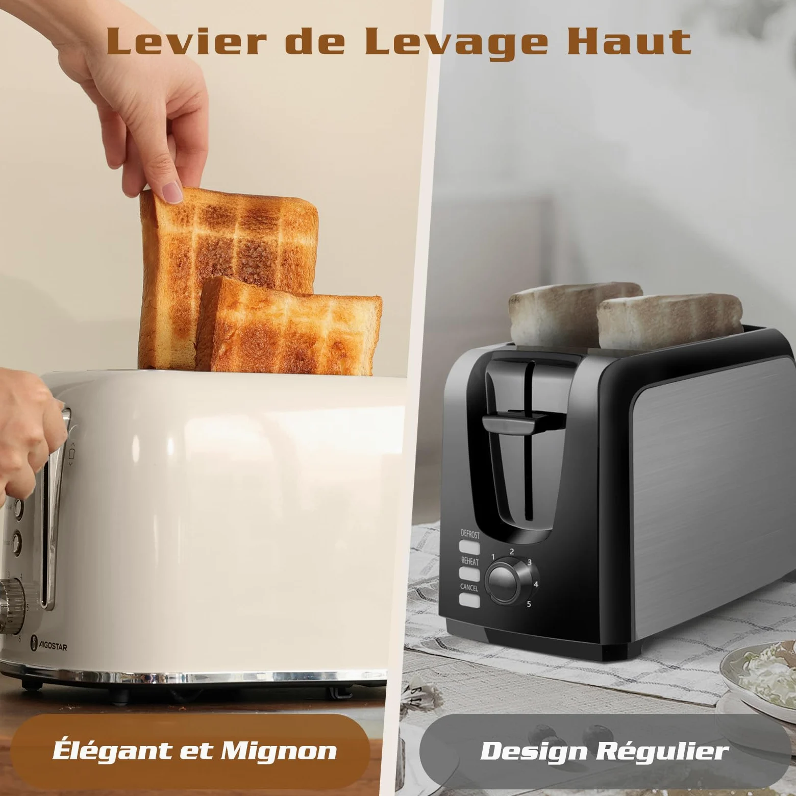 Aigostar Grille Pain, 2 Fentes Extra-Larges, Vintage Inox Crème, 6 Niveaux de Dorage, Fonction Bagel/Décongélation/Réchauffage/Annulation, Tiroir Ramasse-Miettes Amovible, 800W. Cream