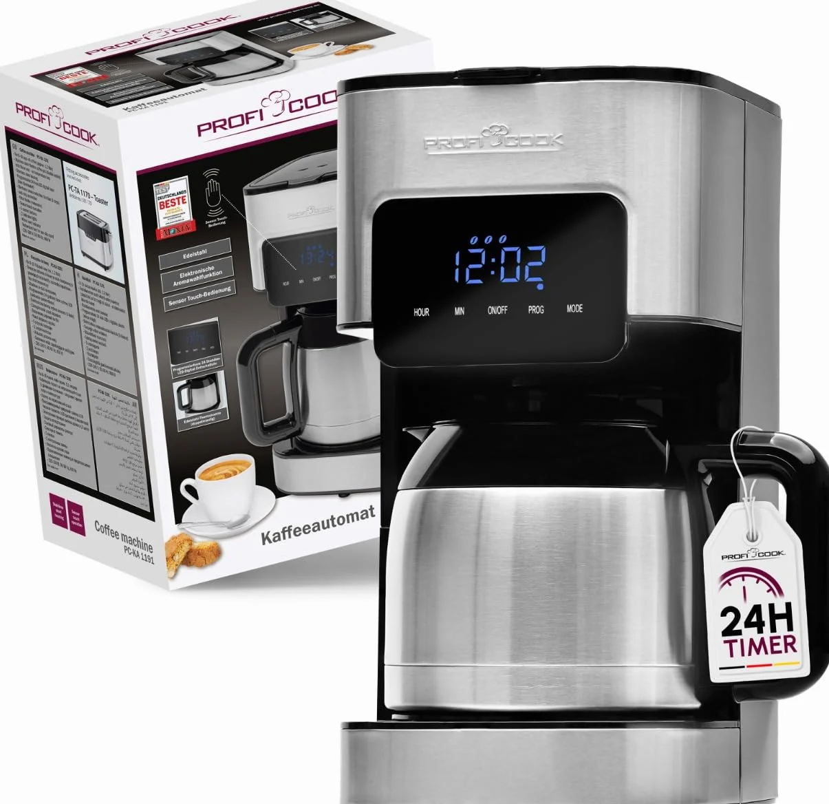 Profi Cook Machine à café avec thermos - avec minuterie pour un café frais le matin - Thermos à double paroi avec fermeture aromatique, Machine à café filtre en acier inoxydable PC-KA 1191