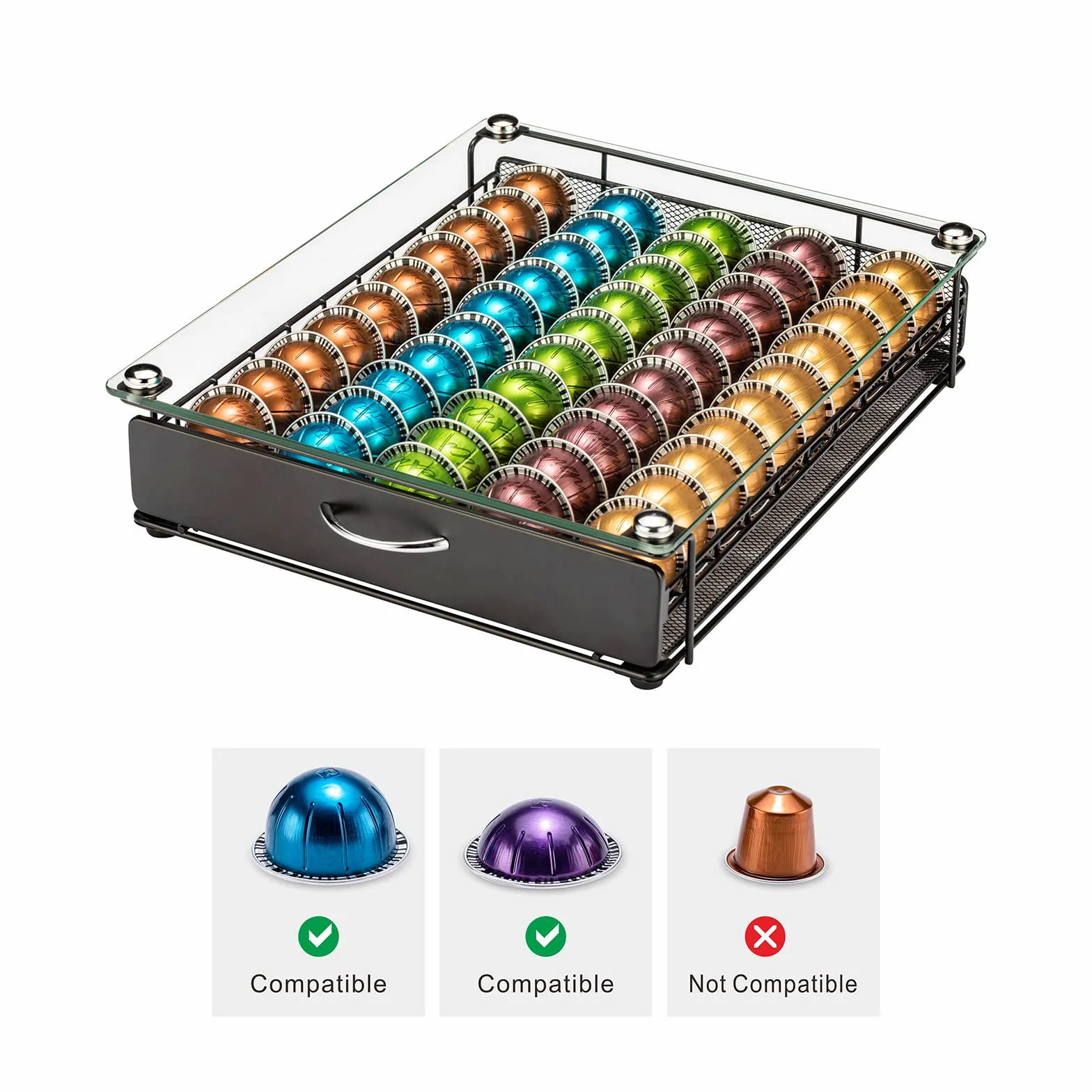 Vertuo Support de capsules de café avec tiroir en verre pour placard Vertuoline pour comptoir Classe 50 dosettes (avec poignée)