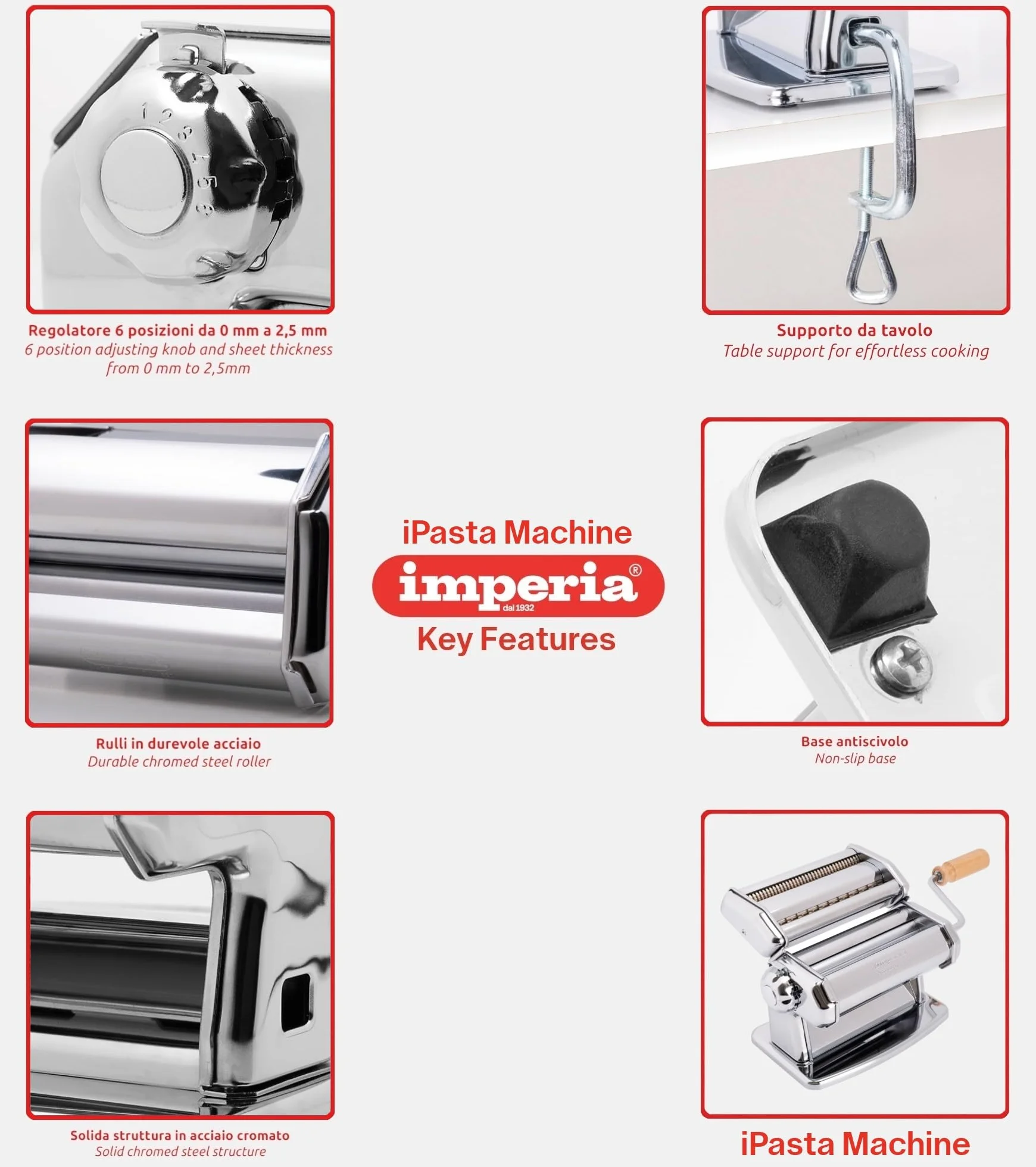 Imperia IPASTA Ligne Imperia. Machine à pâtes 100% fabriquée en Italie. Machine à pâtes fraîches en acier. Laminoir manuel à manivelle pour lasagnes, tagliolini et fettuccine. Chromé.