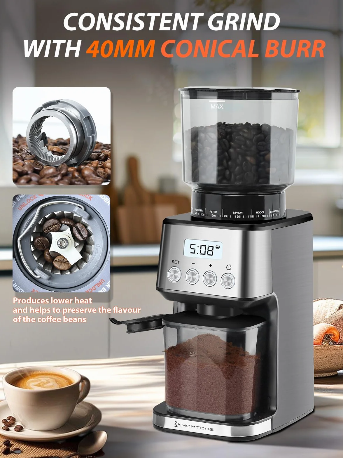 Homtone Moulin à Café Électrique, 51 Niveaux de Mouture Réglables, Broyeur à Meule Conique en Acier Inoxydable, Antistatique, pour Espresso, Café Filtré, French Press, 160 W (Argent)