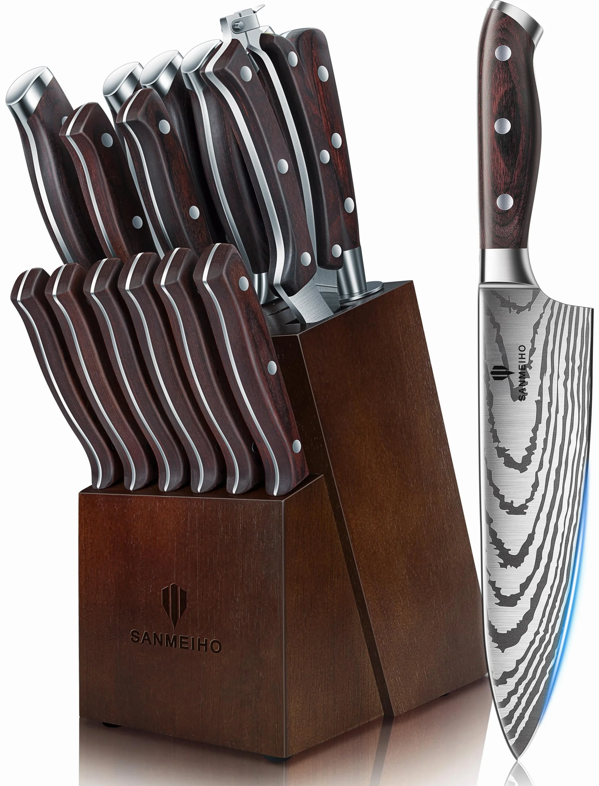 SANMEIHO Ensemble de Couteaux, 16 PCS Ensemble de Couteaux de Cuisine en Acier Inoxydable Allemand pour la Cuisine avec Bloc, Set de Couteaux de Chef Professionnel Ultra-tranchant avec Aiguiseur