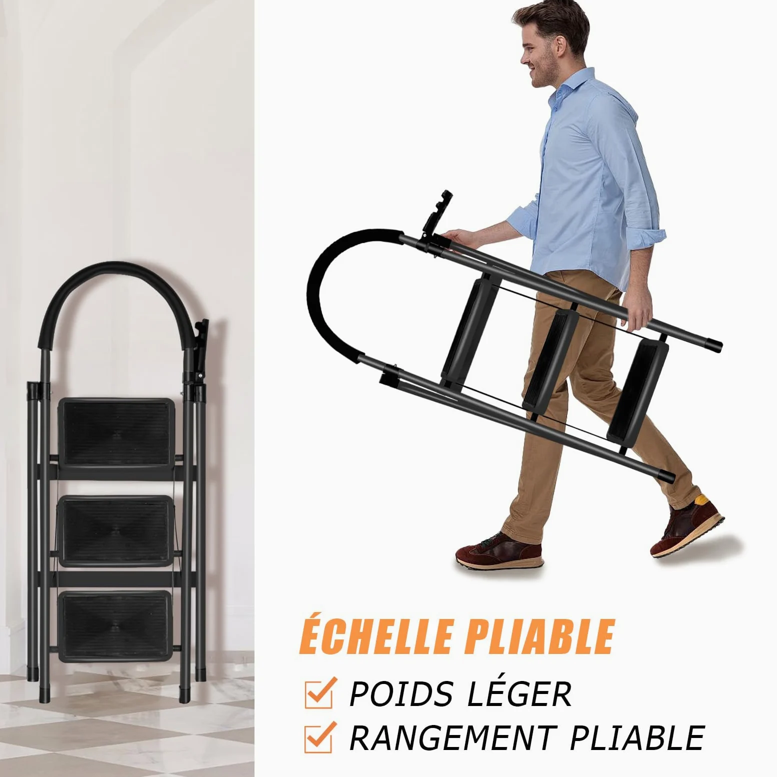OHMG Escabeau 3 Marches avec Plateforme de Travail, Charge 150 kg Escabeau Pliable, Larges Marche Pied Pliable Antidérapantes, Tabouret en Acier Marche Pied Adulte,Charge 180 kg