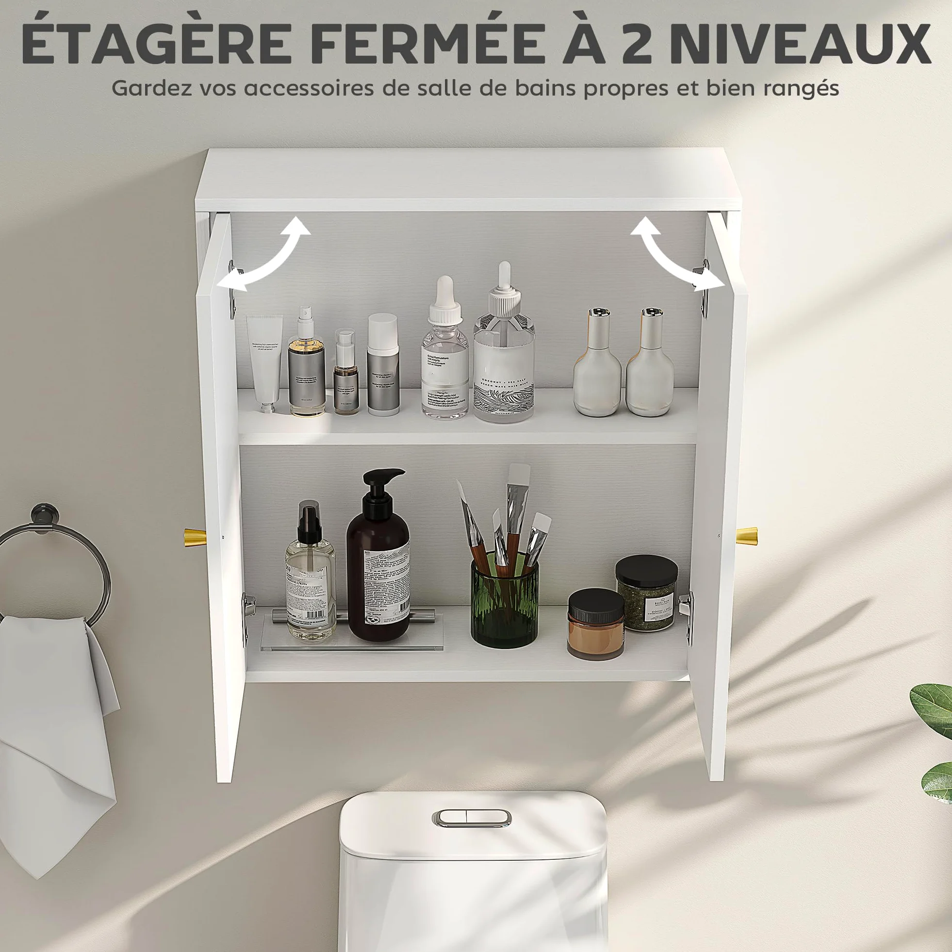 HOMCOM Armoire Murale, Meuble Haut Salle de Bain Style Moderne avec Placard à Double Porte et poignées dorées, Meuble de Salle de Bain Suspendu, 60 x 20 x 60 cm, Blanc