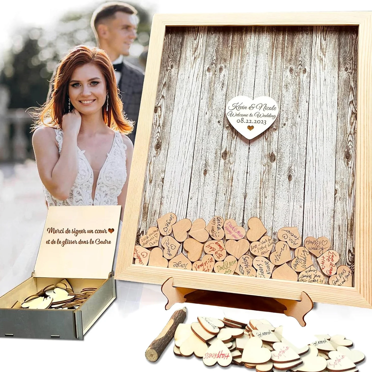 Livre d'or pour Le Mariage Panneau de Stylo Alternatif Cadre en Bois pour Le baptême Décoration de la fête d'anniversaire 120 Coeurs
