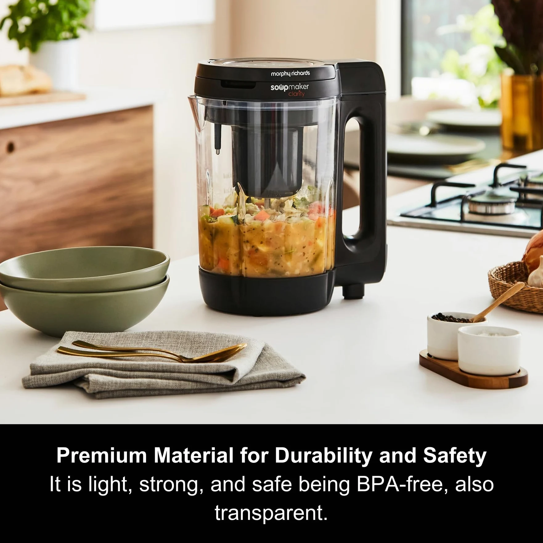 Morphy Richards Machine à soupe Clarity de 1,6 L, contrôle des portions, 9 réglages caractéristiques, technologie de réponse intelligente, garde au chaud, machine à soupe et smoothie, blanc et noir,