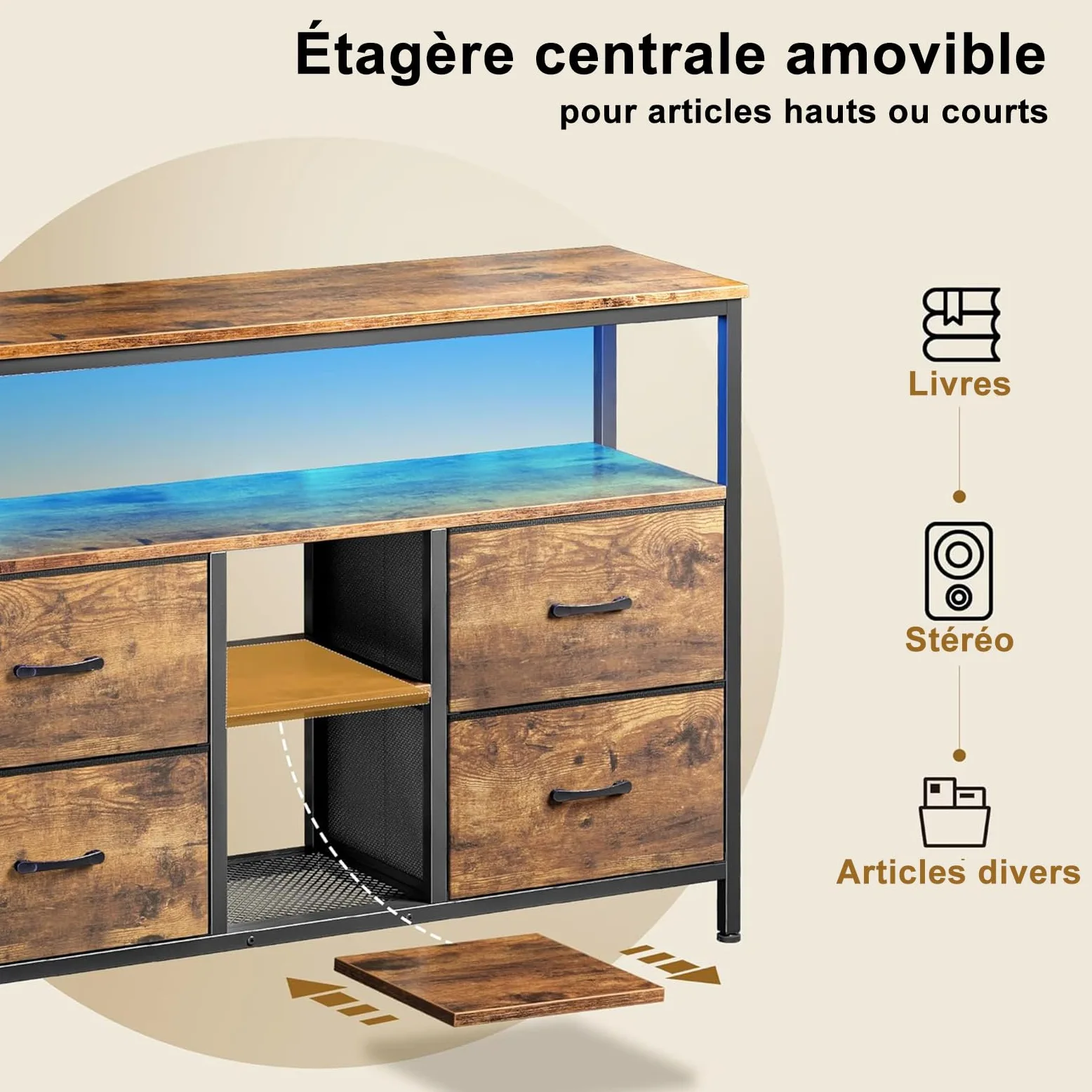 BestAlice Meuble TV Vintage avec éclairage LED, casier avec 4 tiroirs et 3 étagères, Cadre en Fer et Meuble TV à Panneaux de Particules, Pieds réglables en Hauteur(108cm-B)