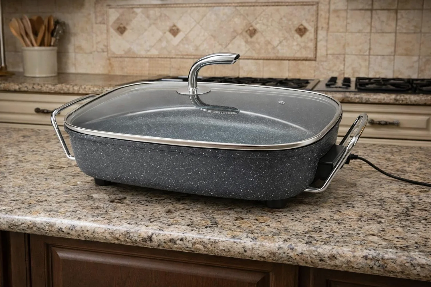 Poêle marmite électrique avec couvercle 6L PIZZAPAN Hot Pot thermostatique, couvercle en verre & volume XXL avec revêtement antiadhésif - parfait pour paella, braisage & wok 1500W Effet Granite