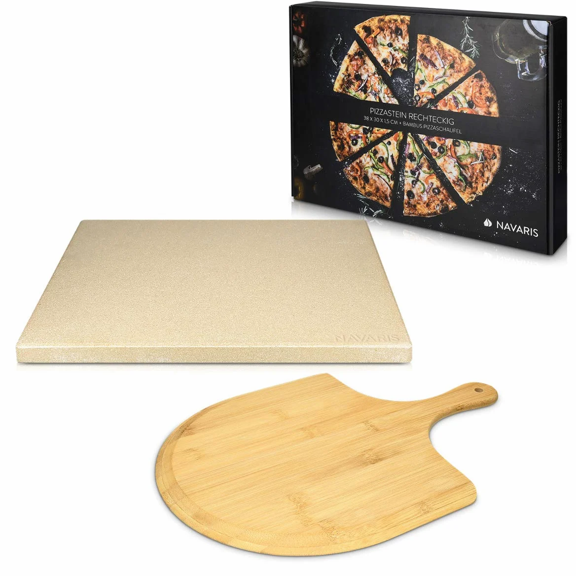 Navaris Pierre à Pizza avec Pelle - Kit Pierre Pizza Rectangulaire XL 38x30cm et Pelle en Bambou - Four Traditionnel Bois Barbecue Grill et Charbon