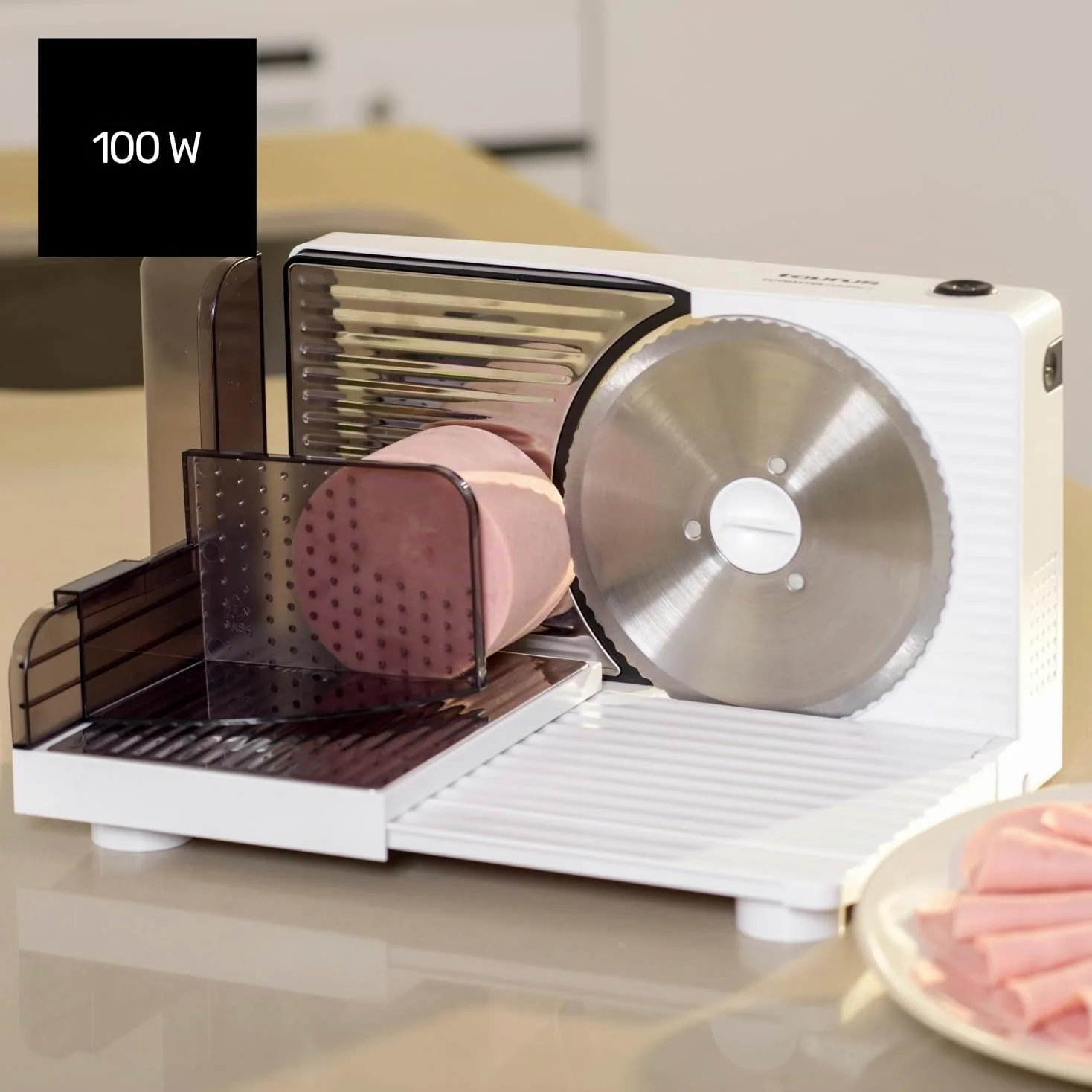 Taurus Cutmaster Compact - Trancheuse électrique 100W, Pour jambon, viande et saucisson, Découpe de 1 à 15 mm, Lame en acier inoxydable de 17 cm, Table de découpe pliable, Protection des doigts