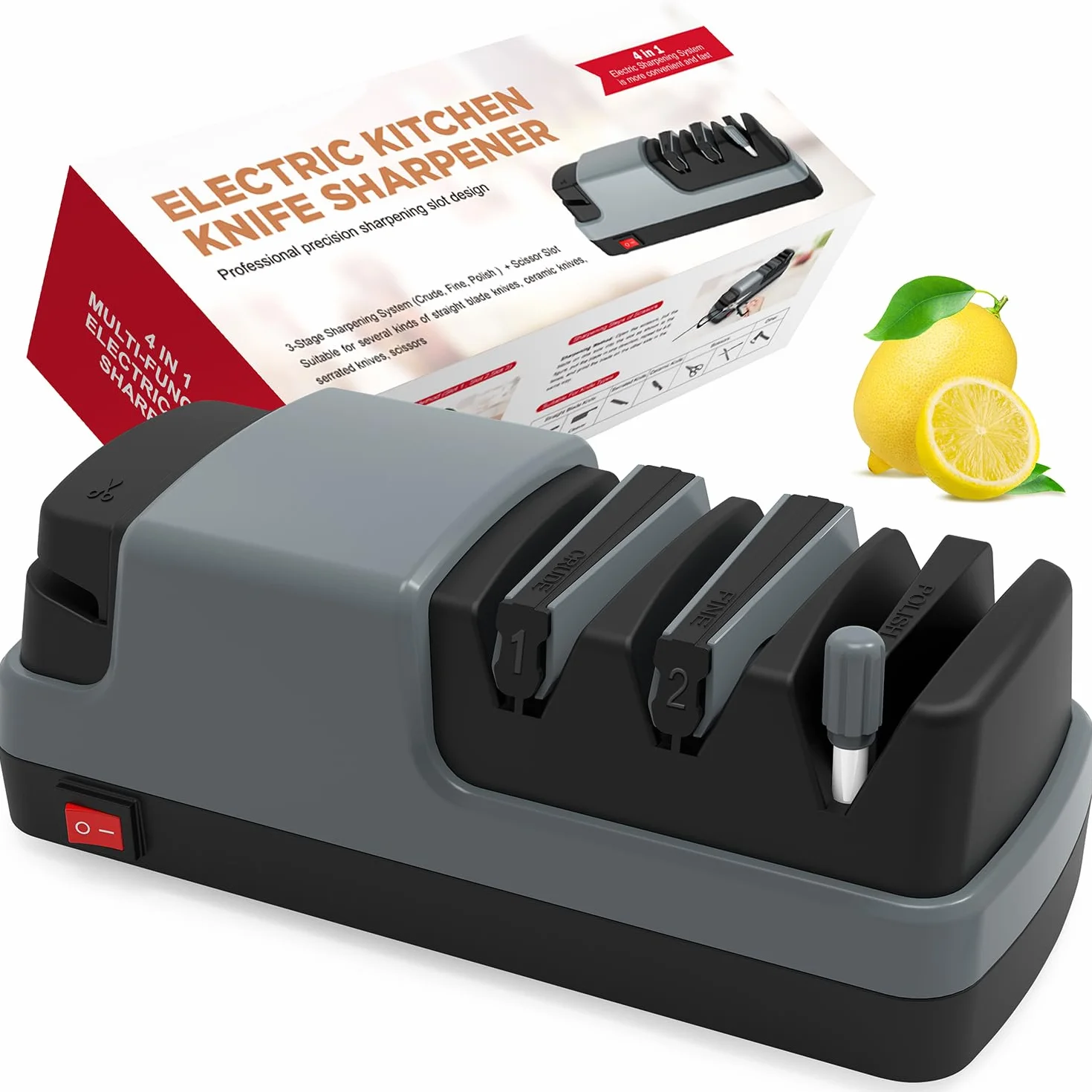 4 en 1 Aiguiseur couteaux électrique pour les couteaux à lame droite, dentelés, les couteaux en céramique et les ciseaux, Gris