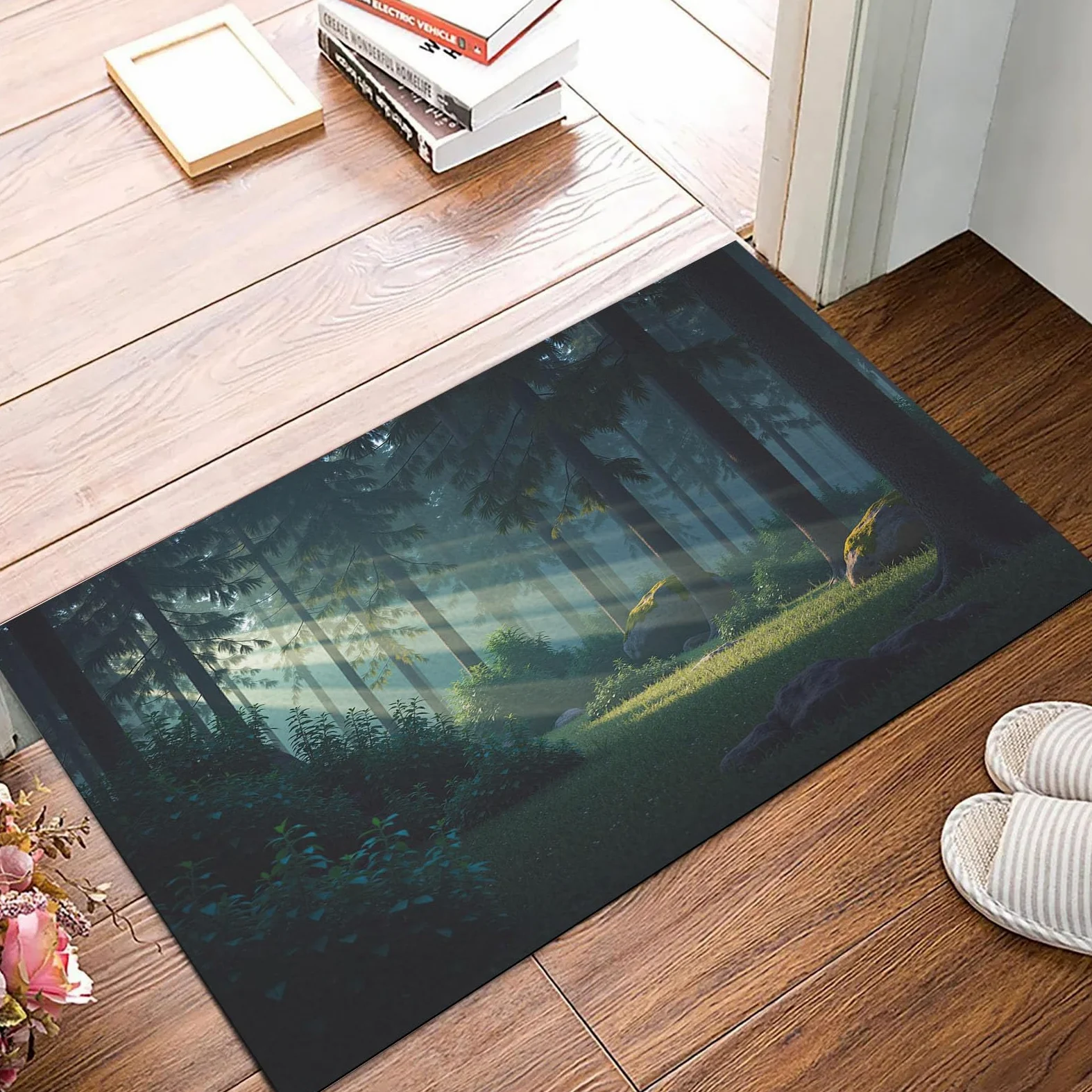 Paillasson de intérieur Antidérapant, Tapis de Guérison Paysage, Tapis Salle de Bain Flanelle Douce, Absorbant l'eau, pour Cuisine (Soleil Forêt, 80x120cm