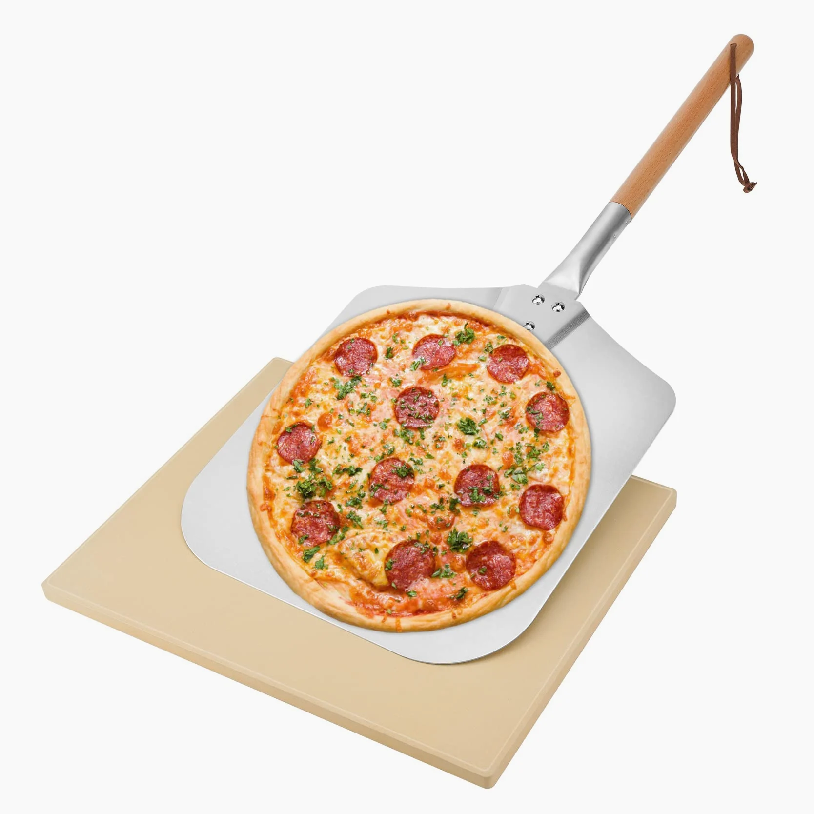 Mimiuo Pierre à Pizza avec Pelle, Kit Pierre Pizza Rectangulaire 38x30 cm et aluminium Pelle à Pizza 71,5cm- ensemble d'outils à pizza pour Four & gril à gaz et barbecue à charbon