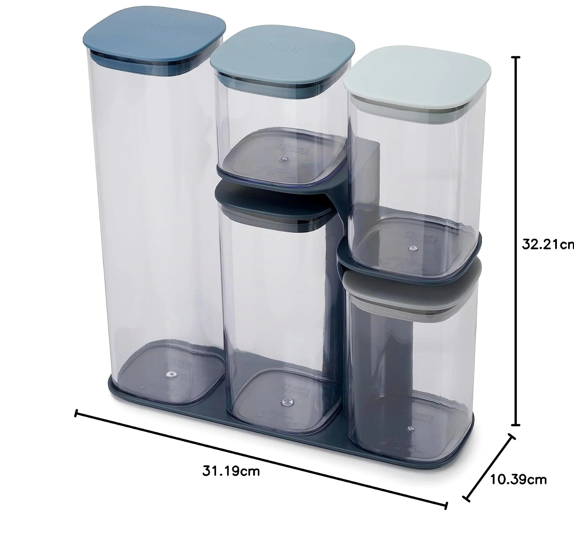 Joseph Joseph Podium Bocaux Hermétiques Lot de 5, Boîtes de Conservation des Aliments Cuisine avec Support et Couvercle, Tranparent/Bleu