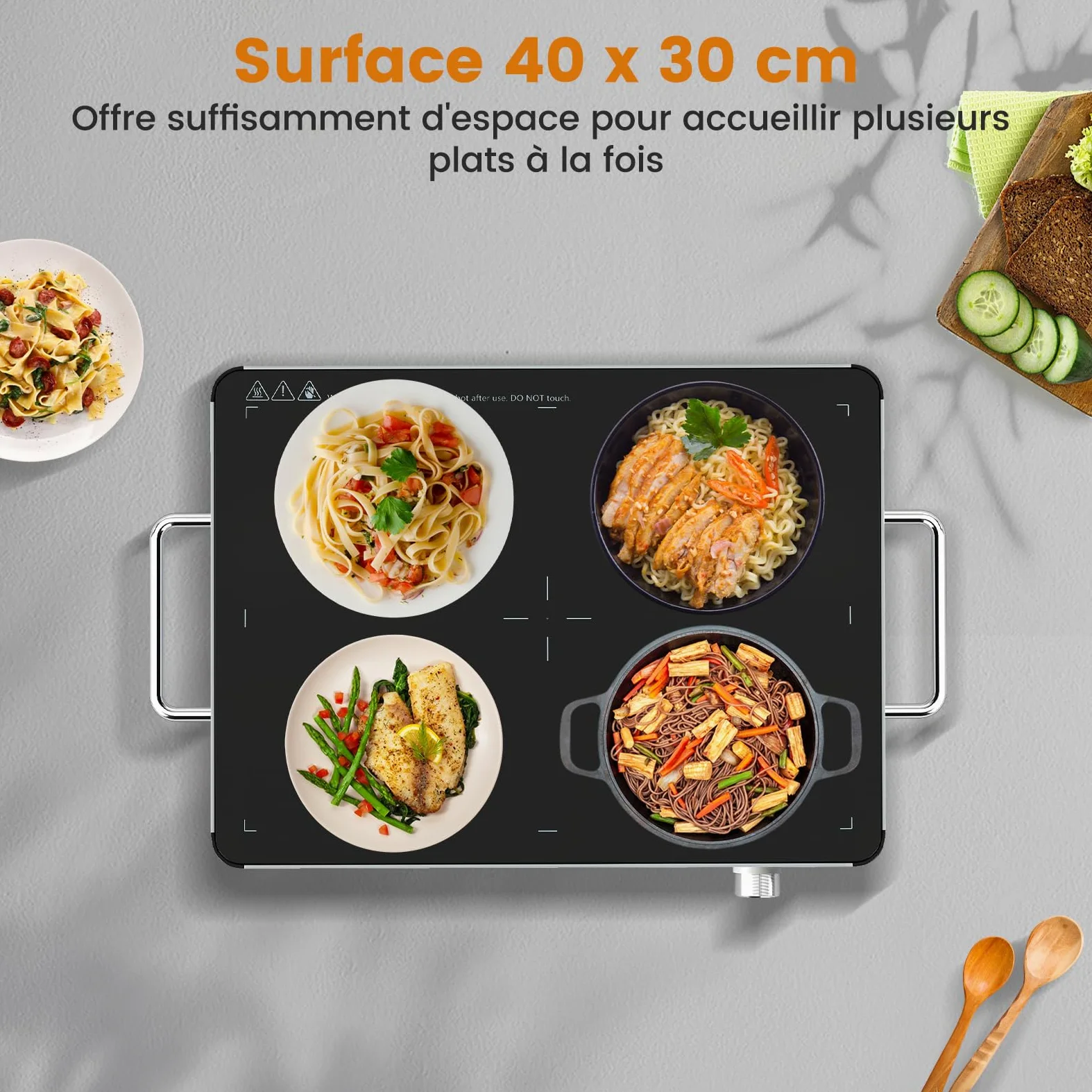 COSTWAY Chauffe Plat Électrique, Plateau Chauffant Électrique, Réchauffeur de Nourriture en Verre Trempé avec Température Réglable, Poignées Anti-Brûlure, pour Fêtes, Buffets, Vacances (40 x 30 cm)