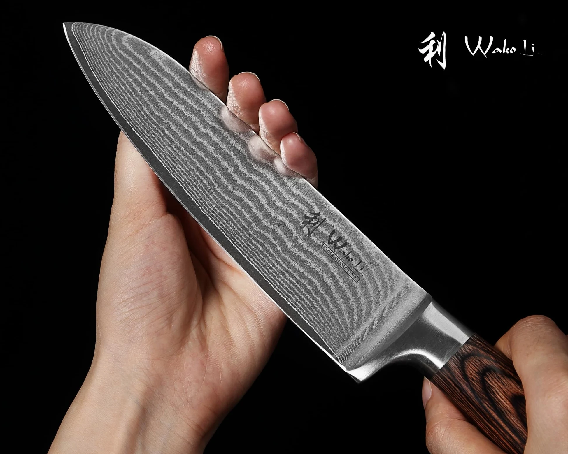 Wakoli Edib Set de 3 couteaux en Damas I Lames en acier damassé à 67 couches avec noyau VG10 et manches en bois de pakka I Couteaux de cuisine professionnels & couteaux damassés dans une boîte en bois
