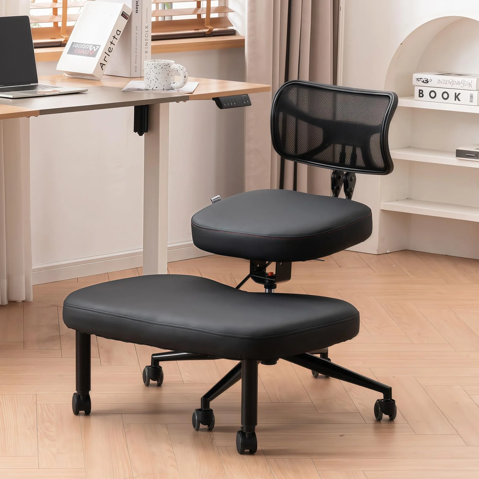 Chaise croisée avec roues, chaise à genoux polyvalente avec support arrière, tabouret réglable avec siège incliné pour une meilleure posture, coussins épais et confortables, noir