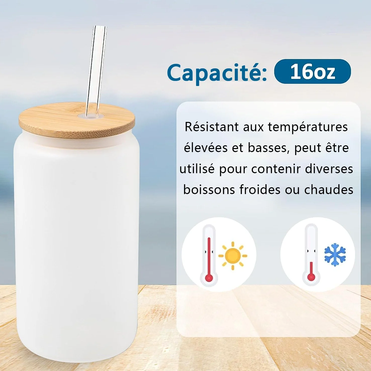 Lot de 12 Verres Givrés à Sublimation 16oz, Gobelets en Verre Borosilicate avec Couvercles en Bambou et Pailles, Blanks pour Bière, Jus, Soda, Café Glacé, Boissons